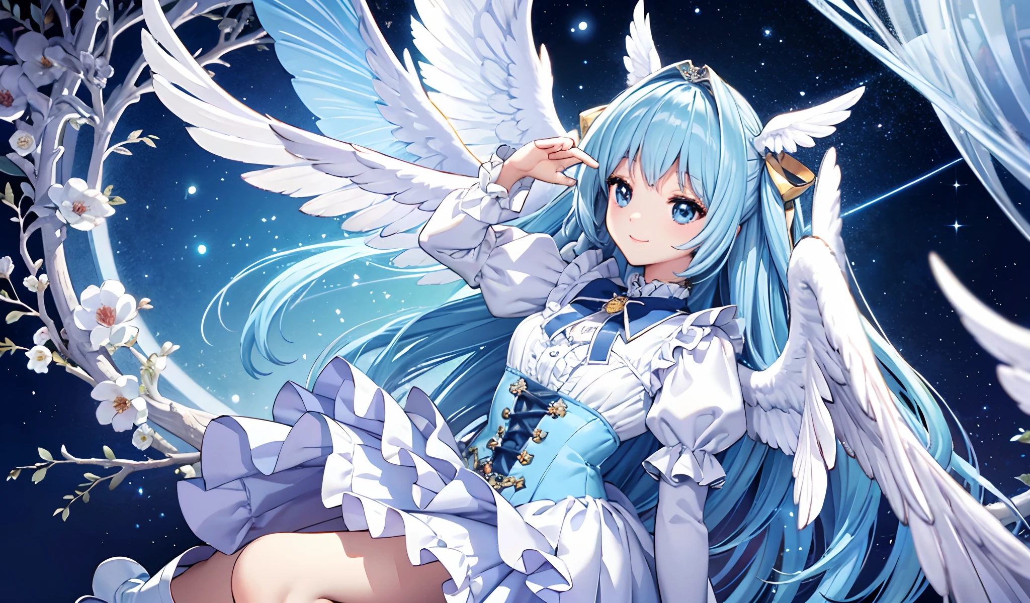 Big big wings of angels shining in seven colors、Kawaii Girl、adorable smiling、Light blue long hair、Twin-tailed、Colorful angel costume in Lolita style with lots of frills、((top-quality))、((​masterpiece))、(ighly detailed、highestdetailed、Official art、Beautifully Aesthetic:1.2)