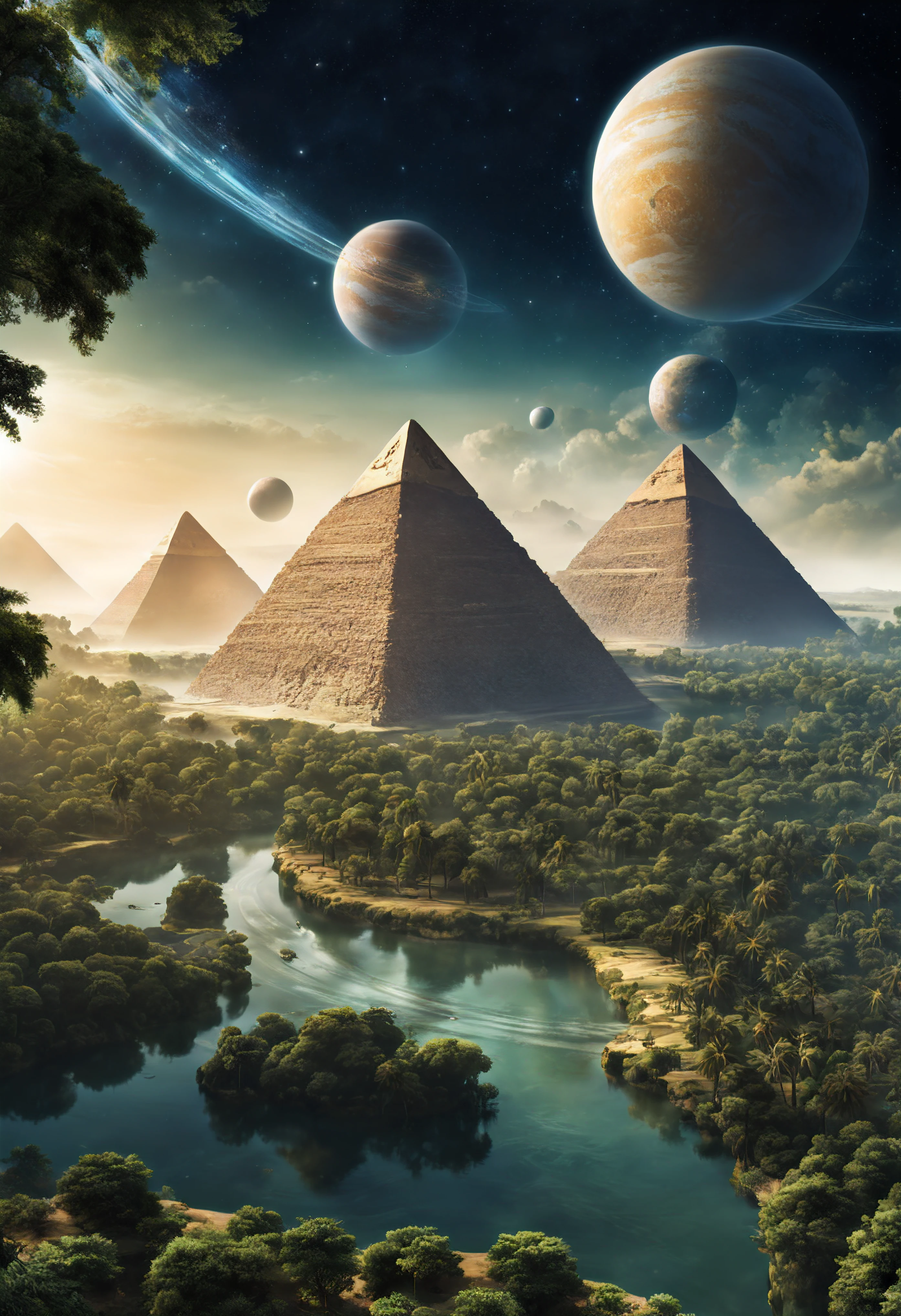 another planet with forests and rivers, where there are pyramids and pharaohs alien people, spaceships in the form of Egyptian pyramids, two satellite planets can be seen in the sky.