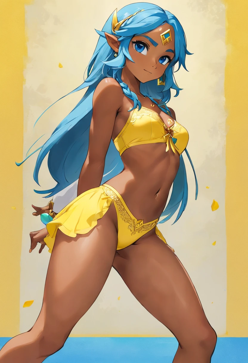 fitness body photo, room photo, a photo of a brazilian beauty and beautifull fit legs, blue hair and blue eyes, in a yellow lingerie, freckles, dark skin, full body, add legs