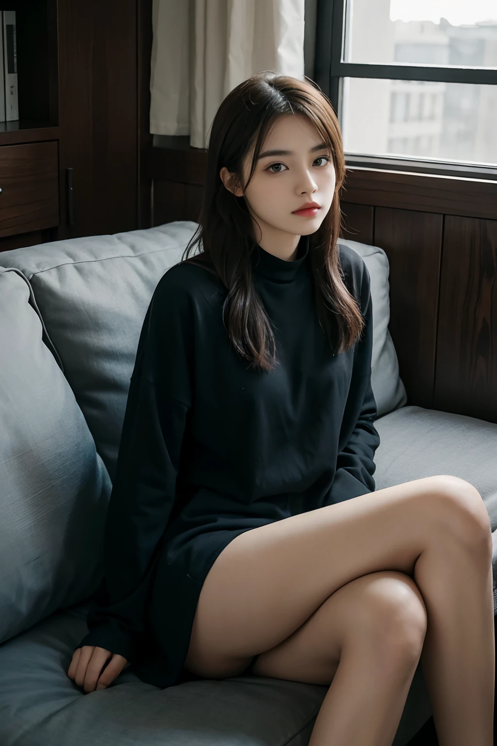 1girll,Sit on a comfortable sofa,Cross ed leg,Complete clothes,Soft light,blacksilk