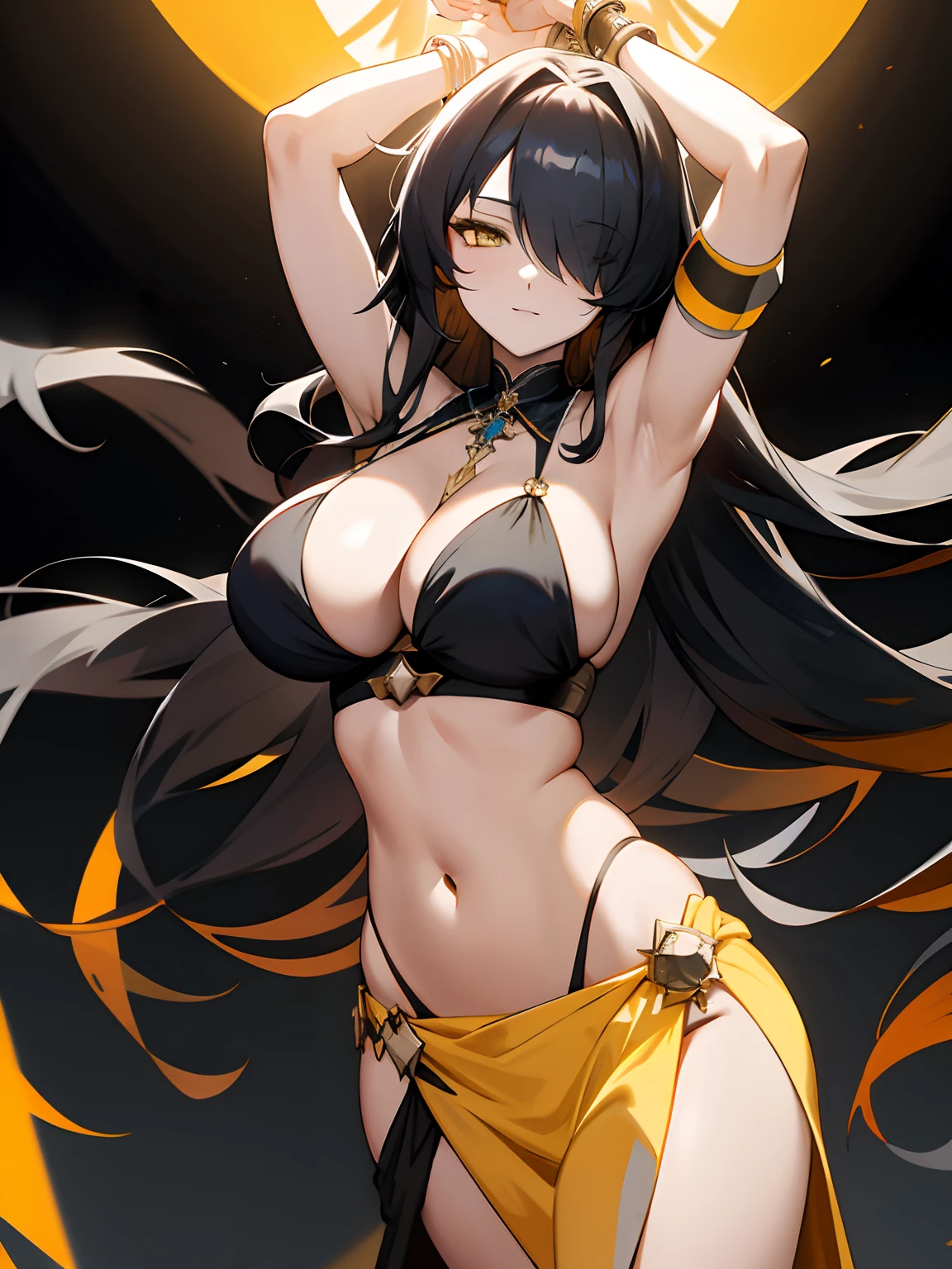 masterpiece,best quality,extremely detailed CG unity 8k wallpaper, masterpiece, best quality, cg, light , Friedrich der Grobe (Azur Lane),detailing,{ black_yellow eye },hair over one eye, Black long Hair,Strangled,{ Wife-like,mature female, mother like}, huge breasts(122-P CUP), Persian dancers,kindentation,beautiful buttocks,armbands, bracelets, navel rings, Transparent sarong