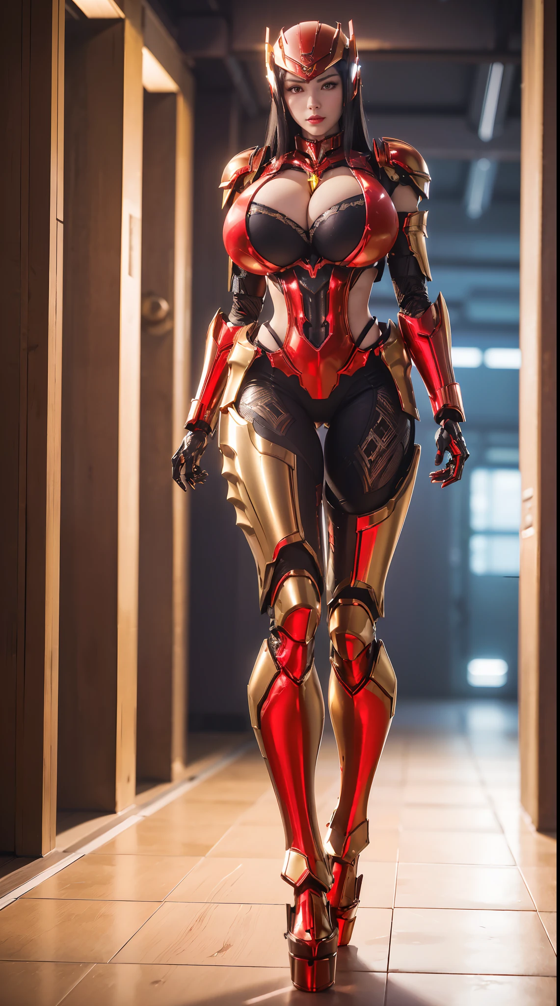 (1GIRL), (ssmile, red_libs, dark_hair), (super detailed face), (mecha helmet:1.2), (BIG BUTTOCKS, HUGE BOOBS, CLEAVAGE:1.4), (PHOENIX MECHA GUARD ARM, GLOVES:1.3), (red), ((MECHA CYBER SHINY ARMORED SUIT, MECHA SKINTIGHT PANTS, GUARD ARMOR LEGS, HIGH HEELS:1.4)), (MUSCULAR BODY, SEXY LONG LEGS, FULL BODY:1.5), (MUSCLE ABS:1.25), (LOOKING AT VIEWER:1.244), (WALKING DOWN OF FUTURISTIC SPACE STATION:1.123), (BRIGHT LIGHTING:1), PHYSICALLY-BASED RENDERING, ULTRA HIGHT DEFINITION, 16K, 1080P.