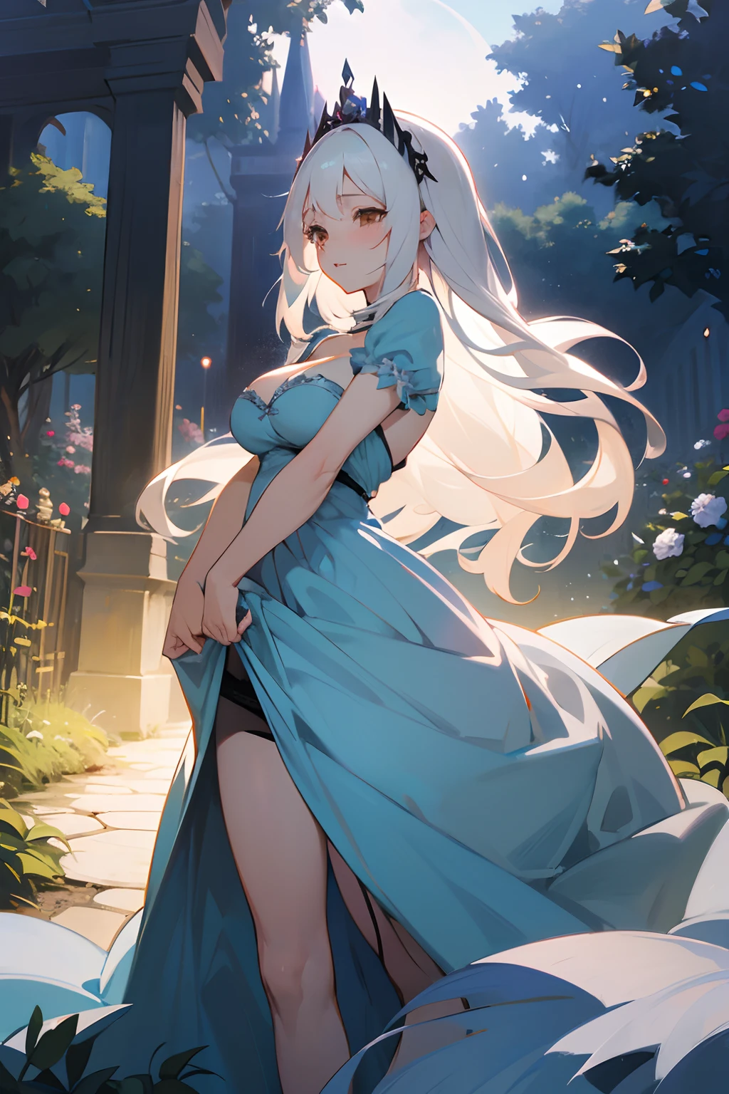 anime woman in a garden, it is night time, evening, long white hair, brown eyes, she is a princess, long pale blue dress, pastel blue dress, cleavage, medium size breasts, in love, mature, pretty, masterpiece, detailed, panty shot, sex, sexy, black panties