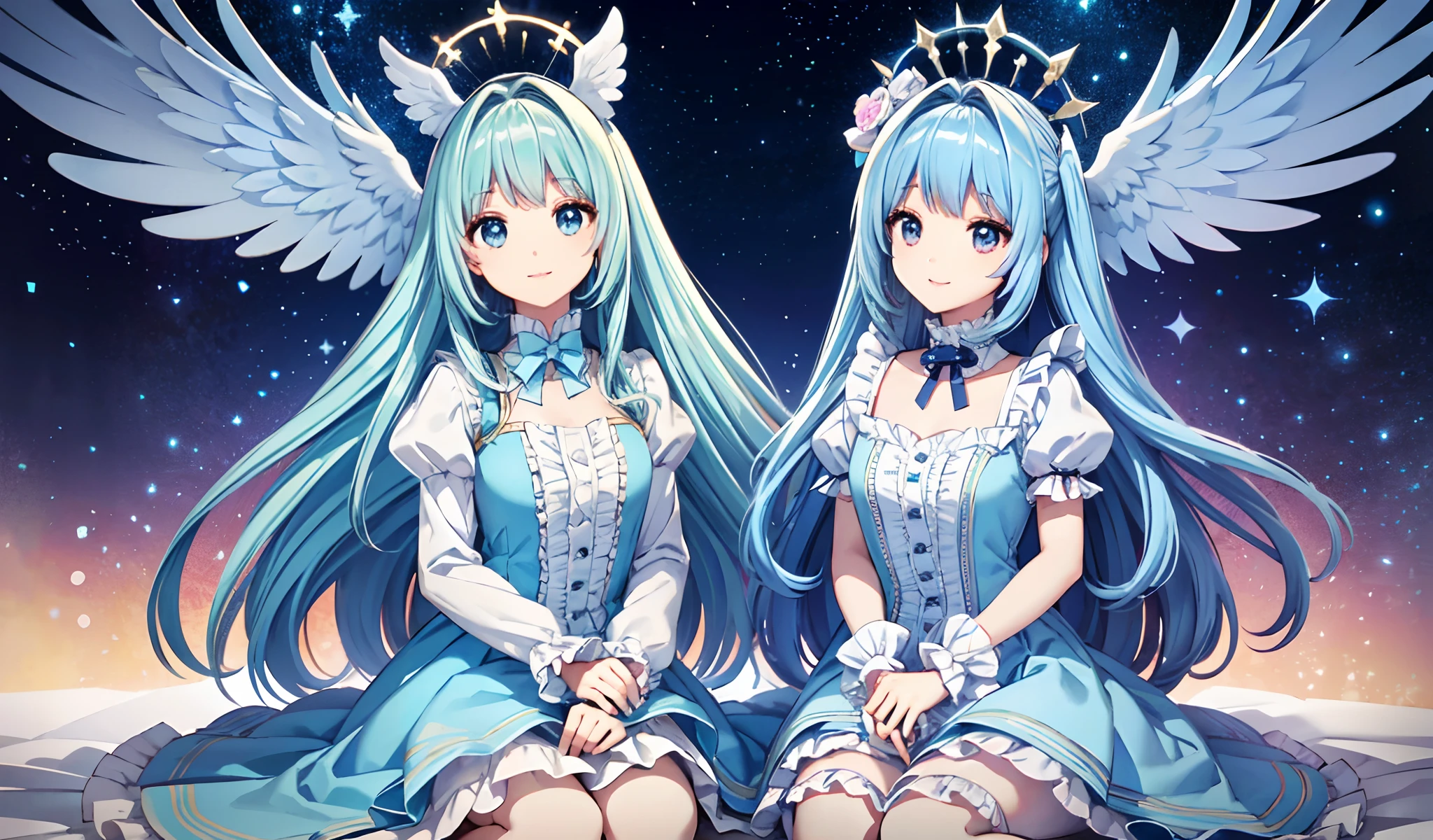 Big big wings of angels shining in seven colors、Kawaii Girl、adorable smiling、Light blue long hair、Twin-tailed、Colorful angel costume in Lolita style with lots of frills、((top-quality))、((​masterpiece))、(ighly detailed、highestdetailed、Official art、Beautifully Aesthetic:1.2)