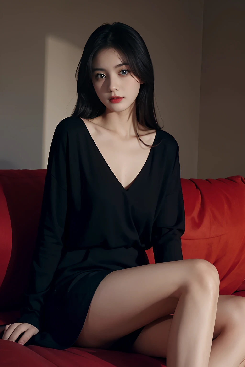 1girll,Sit on a comfortable sofa,Cross ed leg,Complete clothes,Soft light,blacksilk,Sexy look