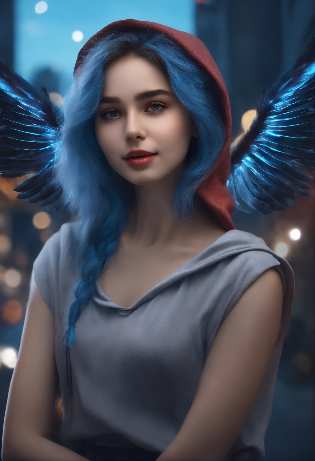 "Image Quality: 8K (Best Quality Scale: 1.2), Artistic Style: Realistic, Photorealistic Factor: 1.37, Clarity: Ultra High Definition, Subject:1girl flying above stunning cityscape ,hoodie,blue hair, neon color shooting stars, very long hair, off shoulder, feather hair ornament, neon colors, flashes, stunning night sky, Girl (16 yearble Features: Pleasant Smile, Closed Mouth, Exquisite Details, Lovely Nose, Composition: Full Body, Damp Hair, Context: Amidst Colossal Dalsefo,, Attire: snow white T Shirt, Angel wings very detailed