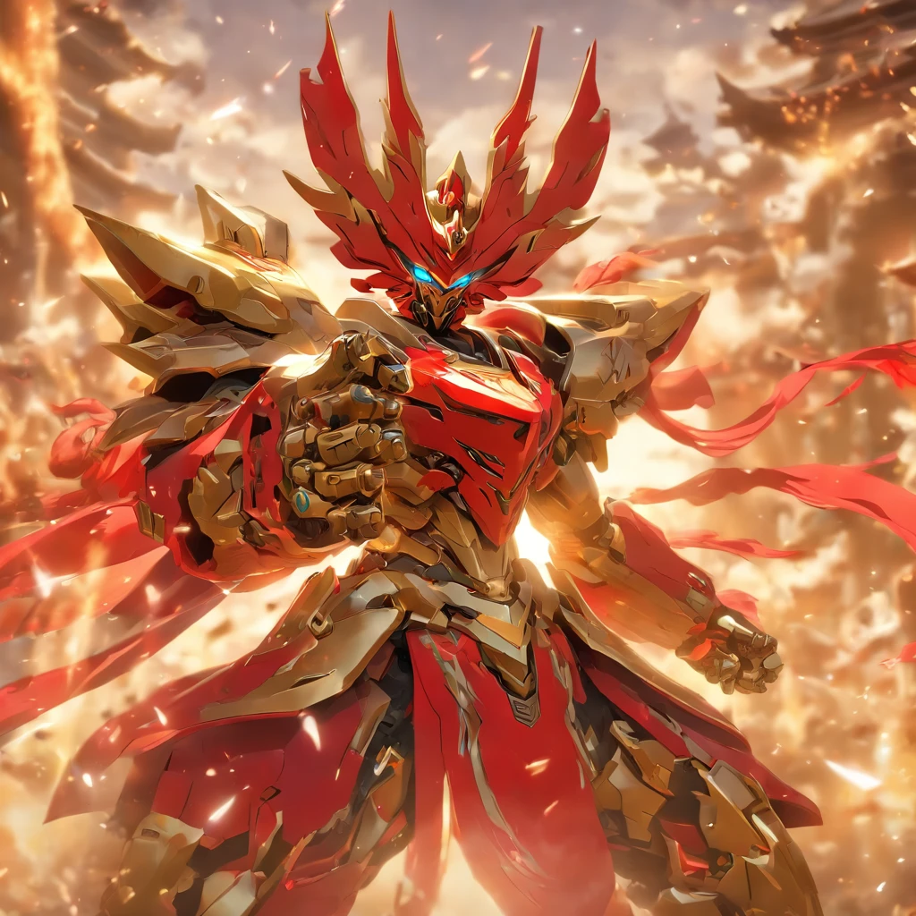 super wide shot, Full body frontal photo,Mecha male warrior,The heroic demeanor of the Three Kingdoms,《Mech color: Red and dark series》,(《Romance of the Three Kingdoms》,《Lü Bu》,Holding Fang Tian's halberd in his hand,),(Full body mecha), Keqing from Genshin Impact, (Masterpiece) , The best quality, High quality,Gold armor,电影灯光, (Exquisite future), Beautiful and beautiful, Ultra detailed, great composition, Floating, Depth of field, (Very detailed CG,Unity 8k壁纸), (Beautiful detail background), dramatic lights, GOGETTA, Mecha,best qualtiy,Ultra-high 8K Ultra HD,digital SLR camera,high qulity,Film grain resolution,