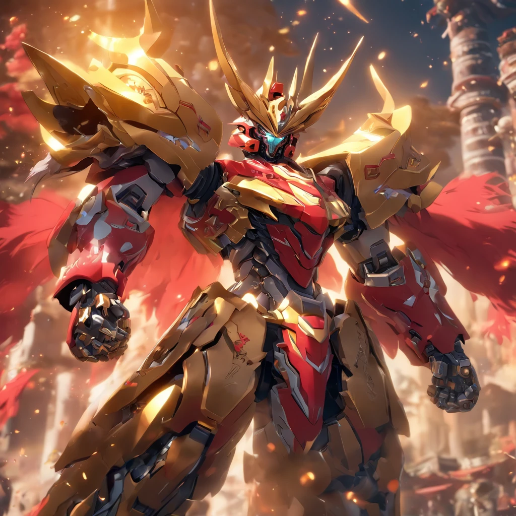 super wide shot, Full body frontal photo,Mecha male warrior,The heroic demeanor of the Three Kingdoms,《Mech color: Red and dark series》,(《Romance of the Three Kingdoms》,《Lü Bu》,Holding Fang Tian's halberd in his hand,),(Full body mecha), Keqing from Genshin Impact, (Masterpiece) , The best quality, High quality,Gold armor,电影灯光, (Exquisite future), Beautiful and beautiful, Ultra detailed, great composition, Floating, Depth of field, (Very detailed CG,Unity 8k壁纸), (Beautiful detail background), dramatic lights, GOGETTA, Mecha,best qualtiy,Ultra-high 8K Ultra HD,digital SLR camera,high qulity,Film grain resolution,