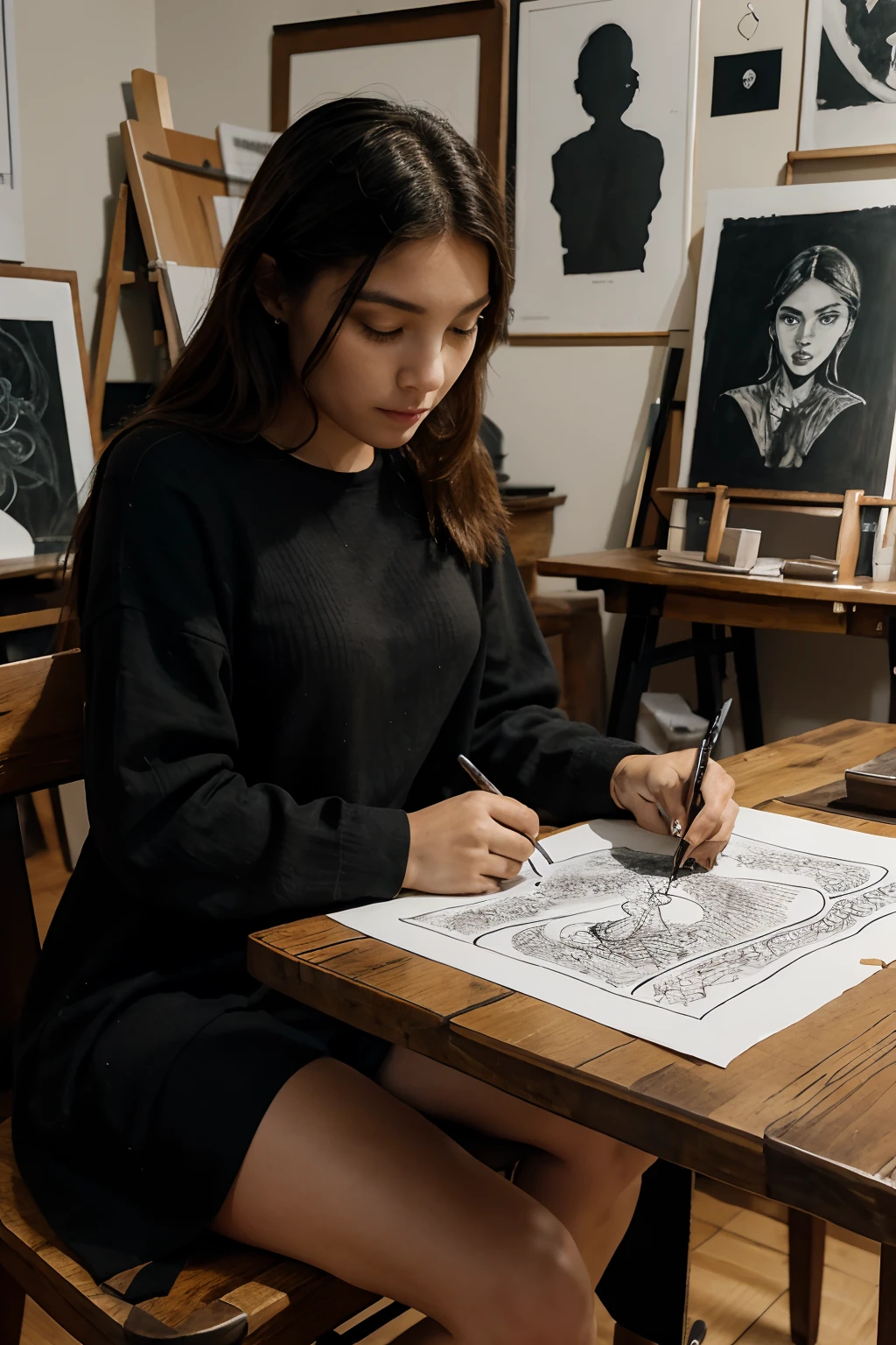 several ink drawings on an old art studio wood table, the drawings are on paper, intricate black ink drawings, an interesting and beautiful woman sits behind the table as she is being drawn, she's extremely relaxed, sitting, artist model, fully clothed, wearing comforting clothing