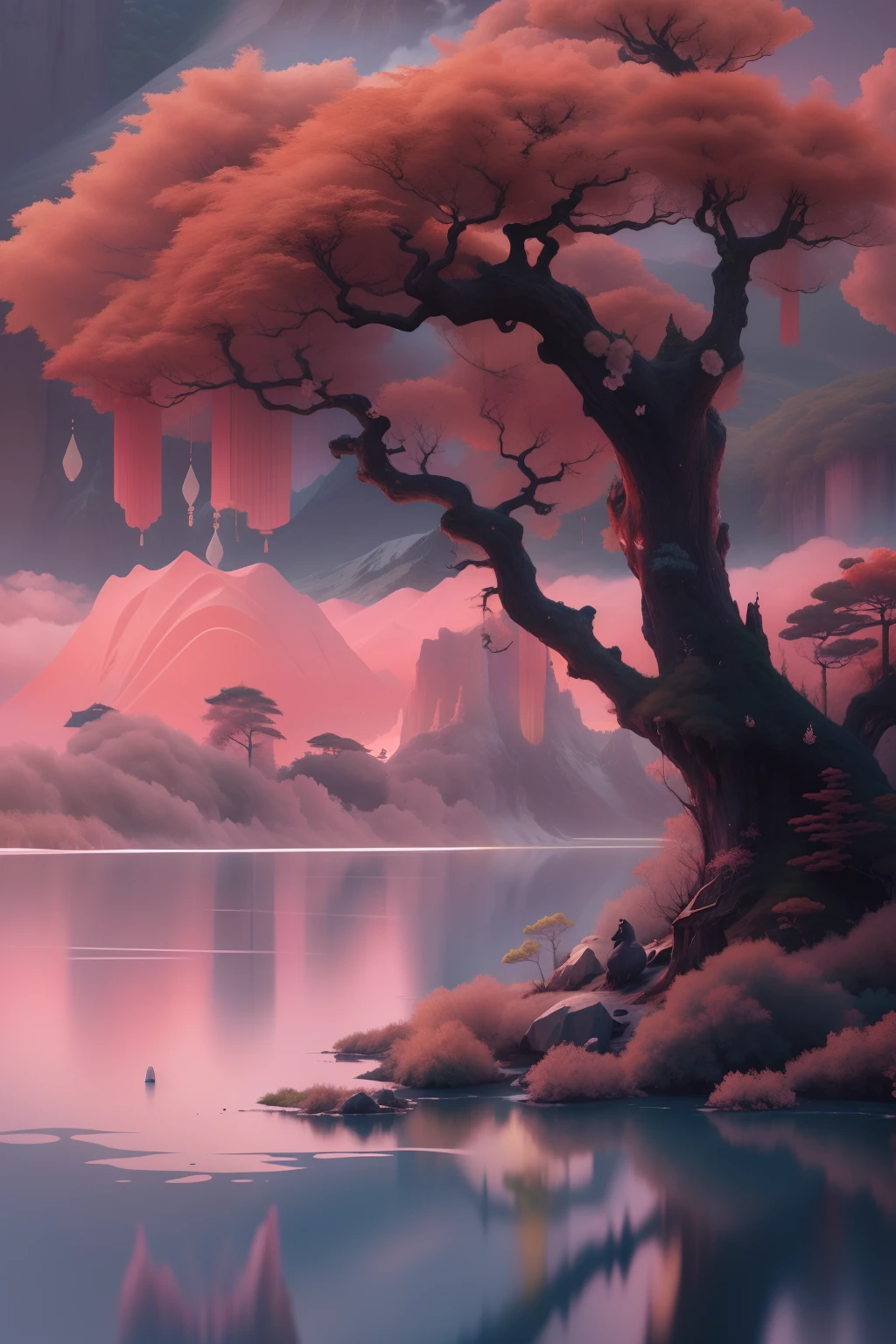 ((master part)),((best quality)),((Alta nitidez)),((Realistic,)) Paisagem chinesa ,vista de close-up,nevoeiro ,Heavy fog,Lagos e ondas,tree,montanhas de neve,reflection,minimalismo,Zen Aesthetics,Zen Composition,Pintura de paisagem chinesa,4k((master part)),((best quality)),((Alta nitidez)), ((utra afiado:1.4)), Plano de fundo claro ,John Bowson，luz de fundo,Efeito Tyndall,a bird, Lago Espumante , Pink octane rendering sci-fi, Lua nova, red skies, GRADIENT BACKGROUND