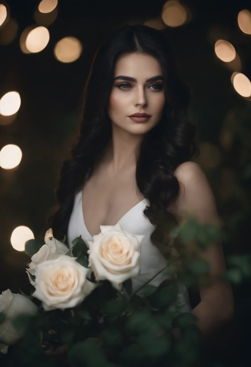 ((masterpiece, best quality)),best aesthetic,1girl, solo, long hair, black dress, flower, ribbon, black background, black hair, rose, hair ribbon, green eyes, long sleeves, white rose, closed mouth, black ribbon, upper body, cinematic lighting