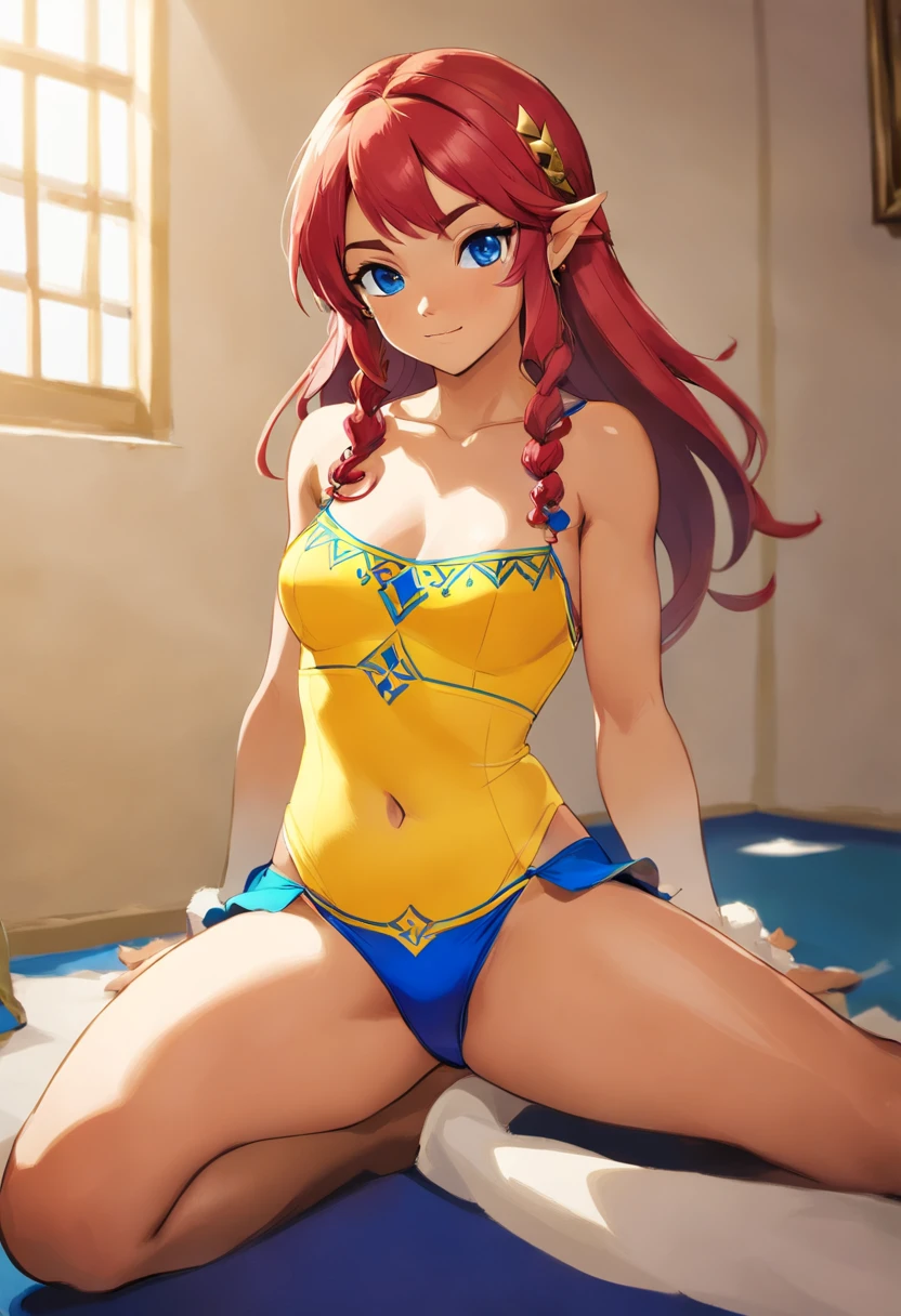 fitness body photo, room photo, a photo of a brazilian beauty and beautifull fit legs, red hair and blue eyes, in a yellow lingerie, freckles, dark skin