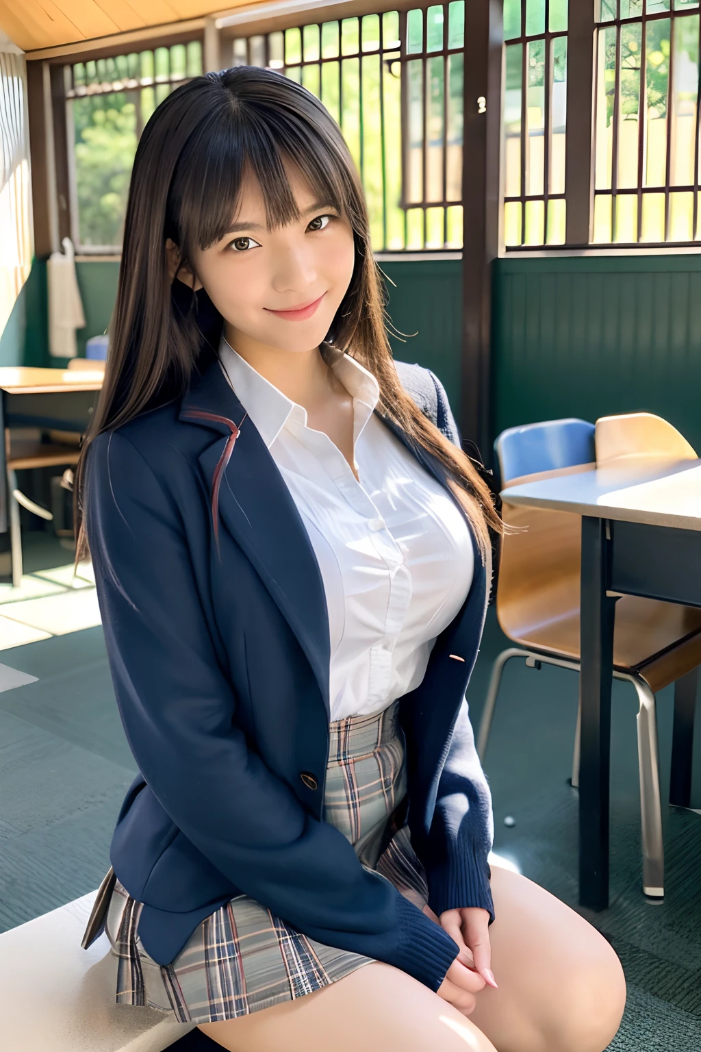 ((masutepiece)), (((Best Quality))), ((Ultra-detailed)), ((disheveled hair)), , Huge breasts:1.8、Emphasized chest、Girl squatting in school classroom,Button Gather、 Seductive Girl, a hyperrealistic schoolgirl, a hyperrealistic schoolgirl, high-school uniform,Plaid miniskirt、Japan schoolgirl, Ecchi, Teasing smile,、Open legs:1.5