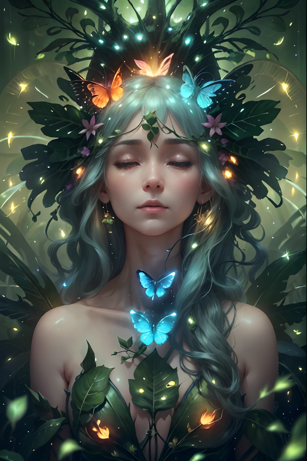 Fantasy in a glass, "ethereal roses, cute animals, glowing little mushrooms surrounded by delicate leaves and branches, and fireflies and glowing particle effects", (natural elements), (jungle theme), (leaves), (branches), (fireflies), butterflies, (delicate leaves), (glow), (particle effects), super realistic, super detailed, dramatic lightning, 4k, masterpiece,