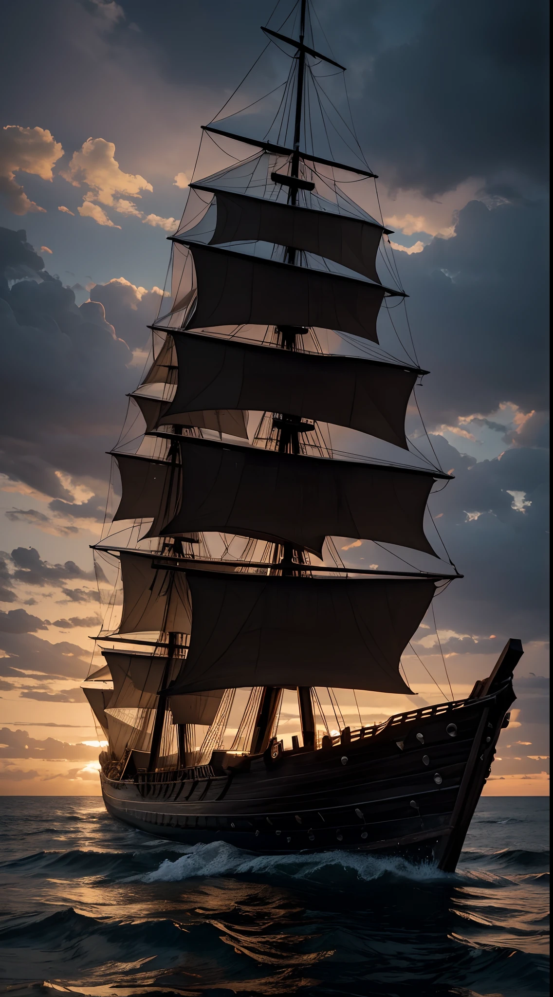 mean, realistic, wooden ship, water,  Epic, dark background