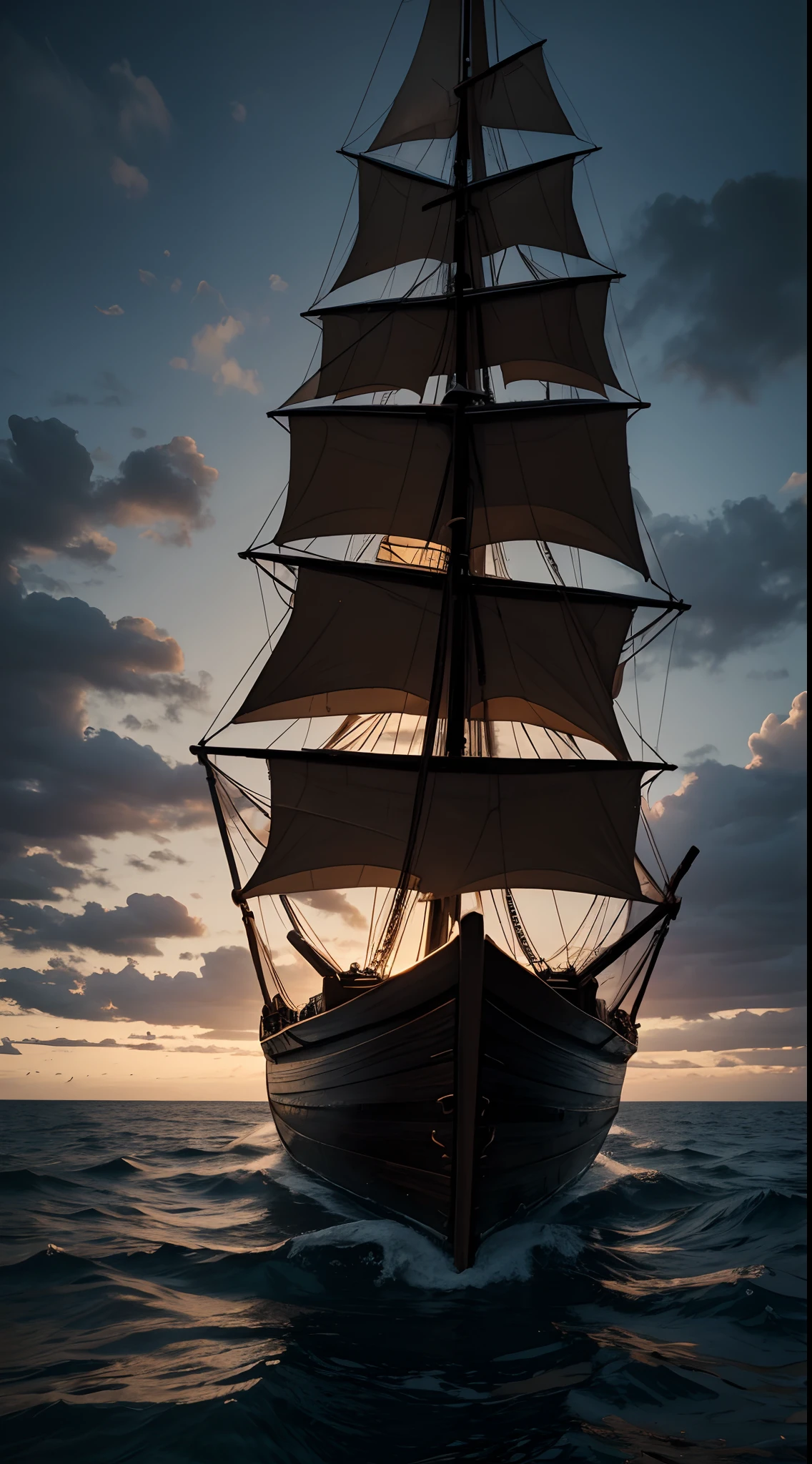 mean, realistic, wooden ship, water, Epic, dark background