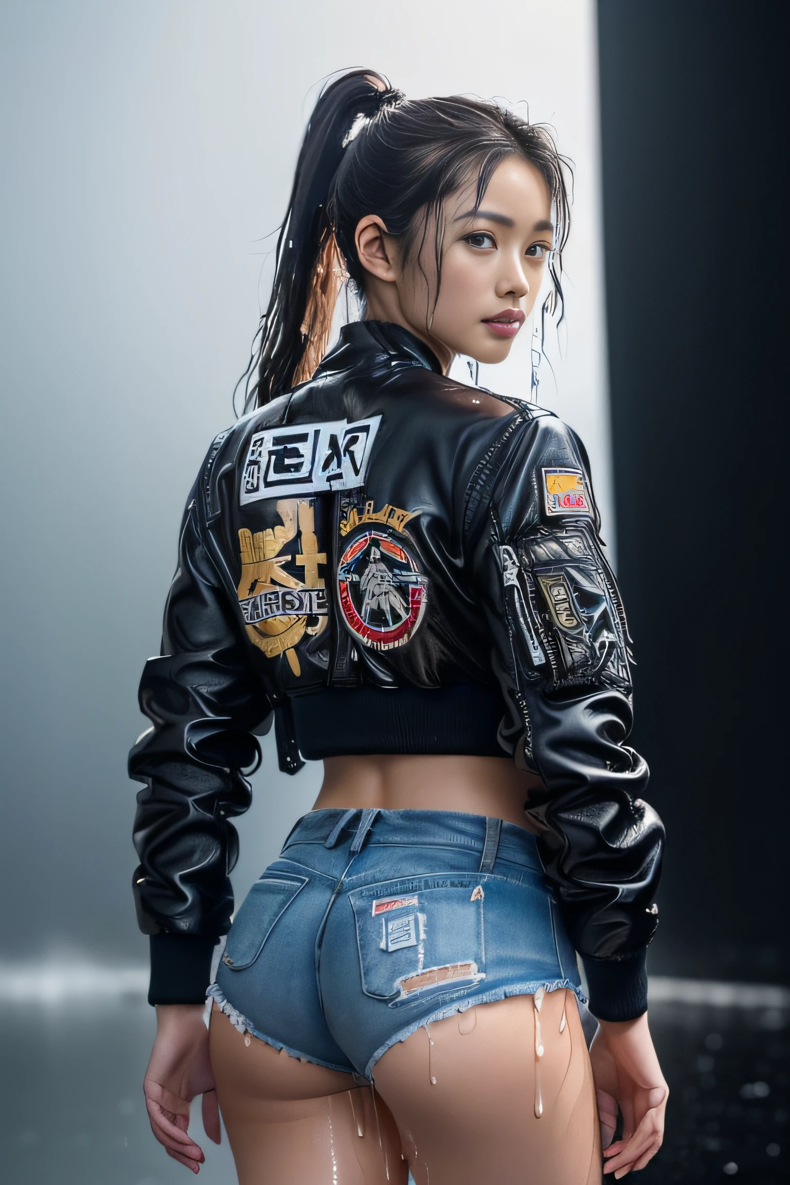 (masterpiece:1.2), (realistic, photo realistic:1.37), (Japanese famous actress:1.6), (gyaru:1.2), flat chest, (brown race, dark skin, blond hair), ponytail, cinematic lighting, (dynamic Pose), cowboy shot, (hot pants), (wearing black air bomber jacket with many patches:1.3), (splash, waterdrops:1.2), (wet hair, a wet cloth, water drop on the skin:1.3), black background, from behind, nsfw,