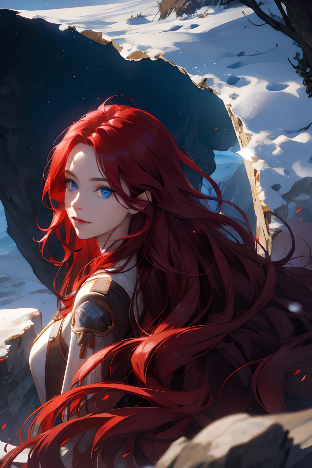 1 woman with blue eyes,red long wavy hair,Crystal canyon background,looking at viewert,extremely detailed wallpaper CG unity 8k