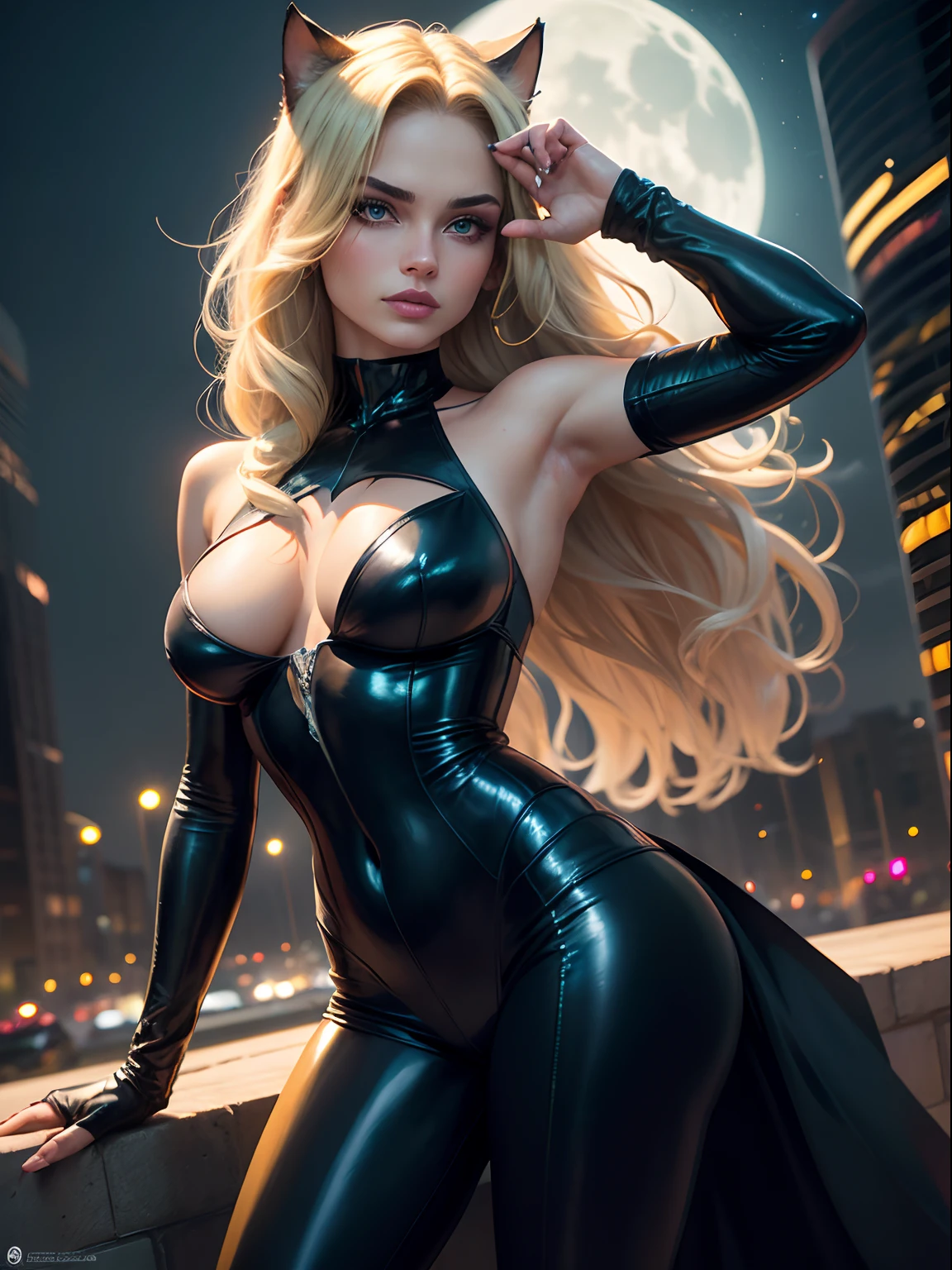 (La mejor calidad,Altas Resoluciones,Ultra detallado),Brazilian blonde catwoman,sexy,dark ilumination,Disfraz elegante,ojos hipnotizantes,Actitud feroz,Paisaje urbano nocturno,Neon lights,Pose seductora,Azotea de la ciudad,foco nítido,labios expresivos,vivid colors,Artistas conceptuales, noche, Big Moon Behind, fantasy, imagen cine, Body position like a cat