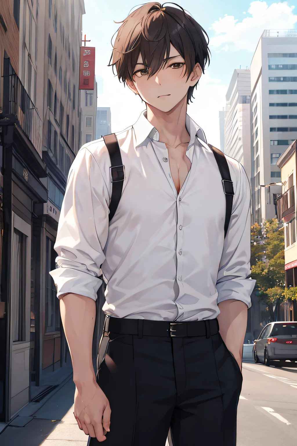 1boy, sexy, short hair, brown eyes, white shirt, black shorts, city, high res, ultrasharp, 8K, masterpiece, looking at viewer