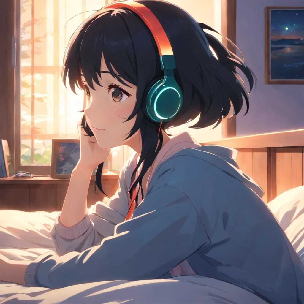 Masterpiece, Best quality, cinematic Film still from, 1 adolescent female waering headphones , frontage, Black hair,in a bedroom,The background of the details, Bright, Dark and eerie environment,A ray of light, she is smiling,