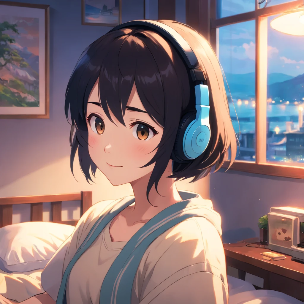 Masterpiece, Best quality, cinematic Film still from, 1 adolescent female waering headphones , frontage, Black hair,in a bedroom,The background of the details, Bright, Dark and eerie environment,A ray of light, she is smiling,
