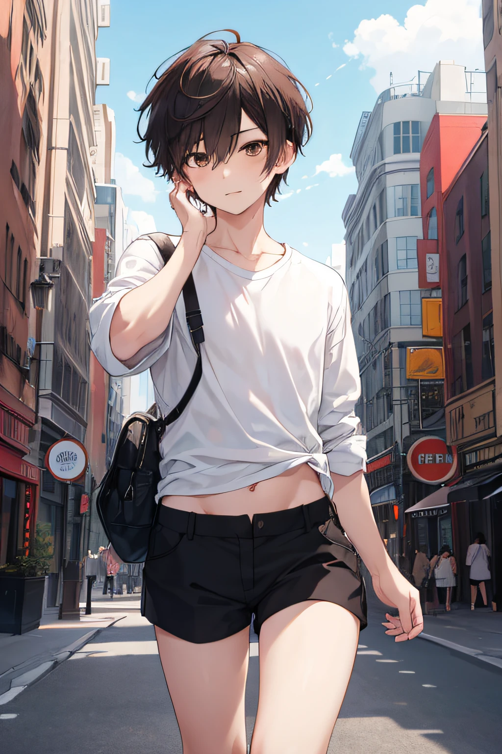 1boy, sexy, short hair, brown eyes, white shirt, black shorts, city, high res, ultrasharp, 8K, masterpiece, looking at viewer