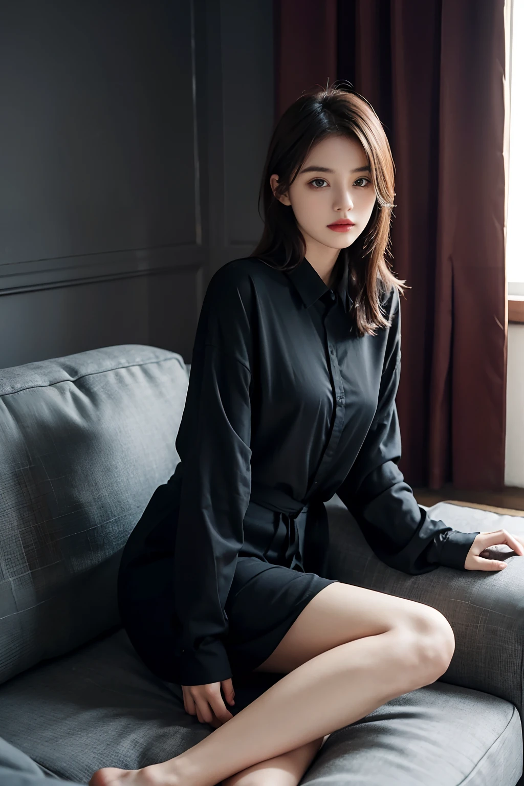 1girll,Sit on a comfortable sofa,Cross ed leg,Complete clothes,Soft light,blacksilk,Sexy look