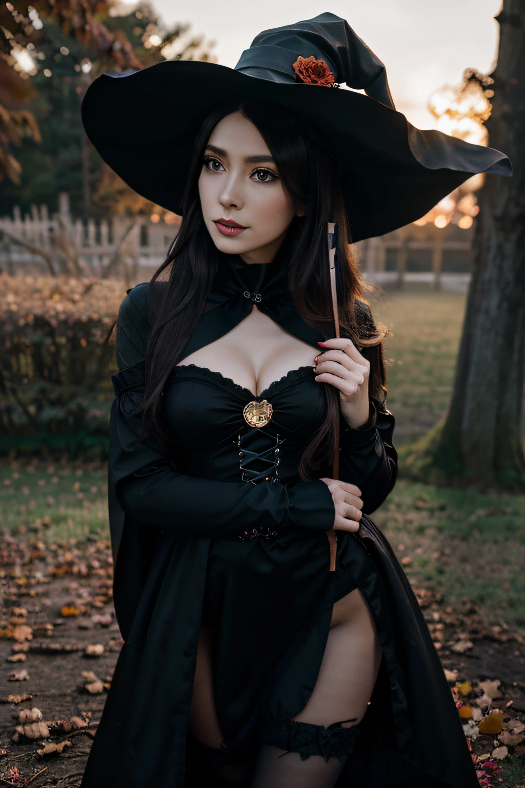 A woman in a black dress and hat is taking a picture, classical witch, in a halloween style, Lovely dark autumn princess, Ayaka Cosplay, amouranth, witch fairytale, Witch Girl, elegant glamourous cosplay, sun yunjoo, cosplay foto, captured on canon eos r 6, fashionable dark witch, Anime girl cosplay, trick or treat