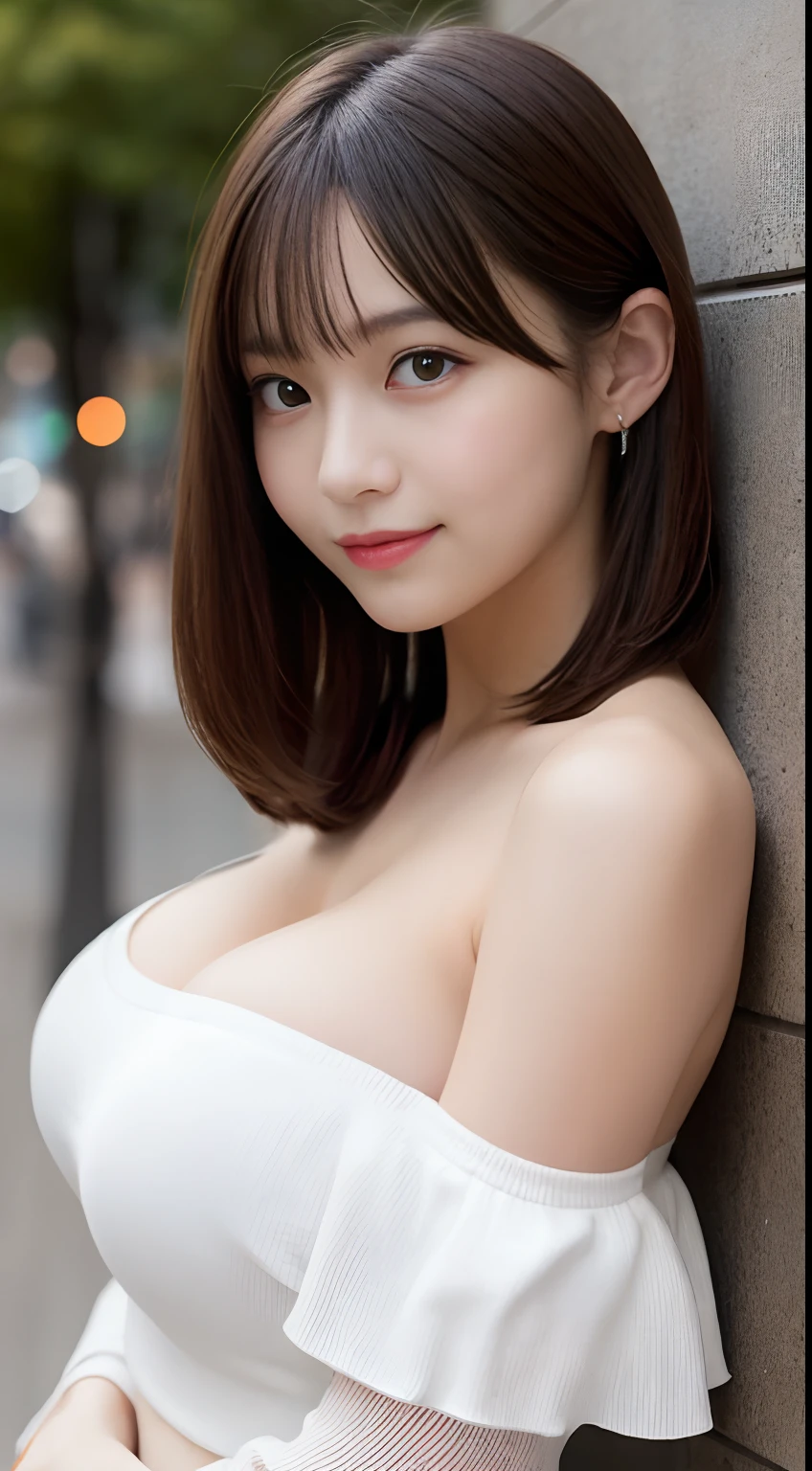 masutepiece, Best Quality, Illustration, Ultra-detailed, finely detail, hight resolution, 8K Wallpaper, Perfect dynamic composition, Beautiful detailed eyes, Women's Fashion Autumn, Off shoulder, Mini skirt, high heals, Very short bob hair, Gigantic breasts, gigantic breasts, huge breasts, big breasts, enormous breasts, cleavage of the breast, Natural Color Lip, Bold sexy poses,Smile,Harajuku、20 years girl、Cute、Sexy shot looking at camera
