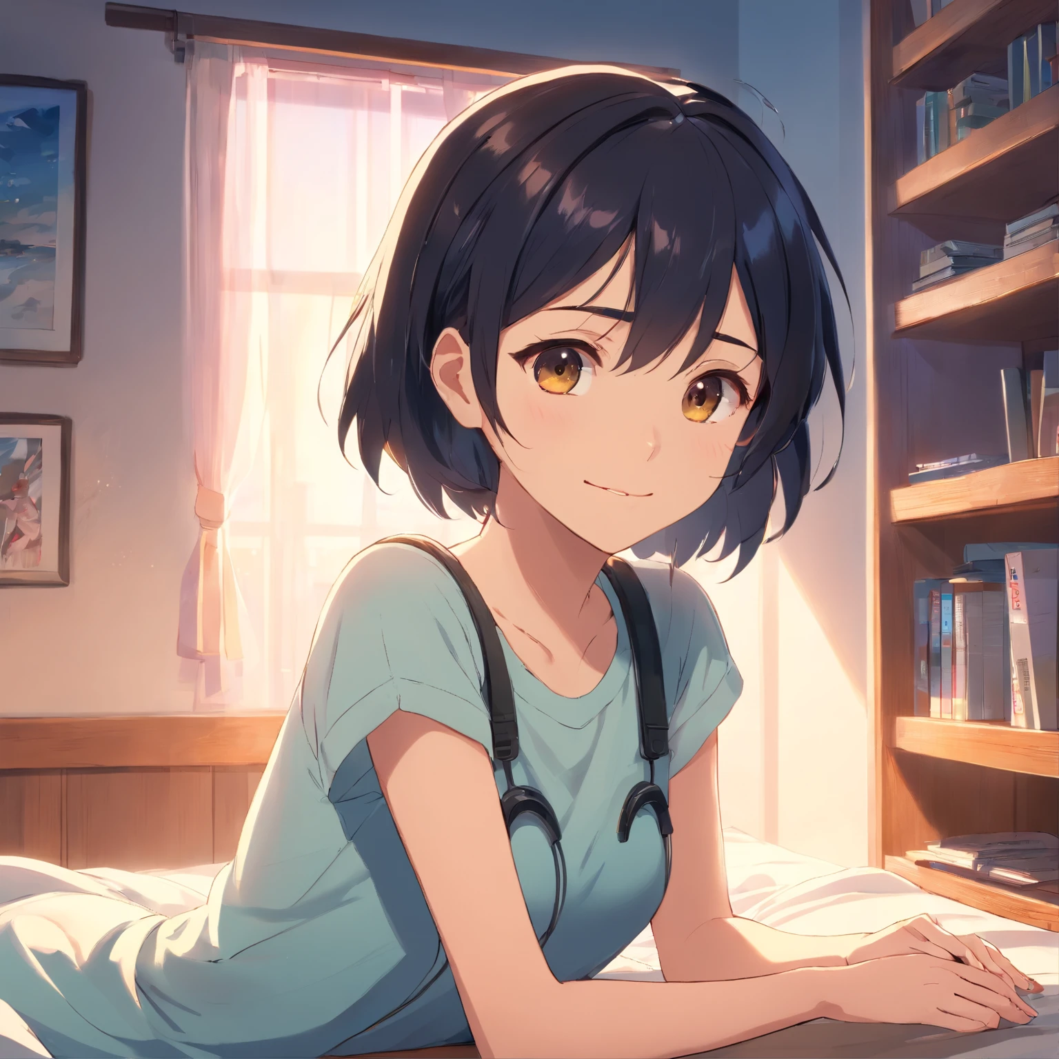 Masterpiece, Best quality, cinematic Film still from, 1 adolescent female waering headphones , frontage, Black hair,in a bedroom,The background of the details, Bright, Dark and eerie environment,A ray of light, she is smiling,