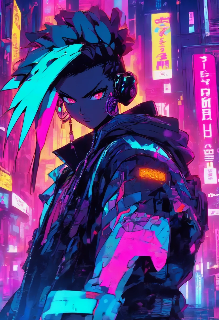Cyberpunk model posing in a neon city, Zooglefloodle, synthwave art, futurism, Pop art, Digital painting, scribble art, amaranth, Cyan, Silver, black, neonlight, sleek, geomerty, tilted angle, Cinematic lighting, heavily stylized, Cyberpunk, Avant-garde perspective