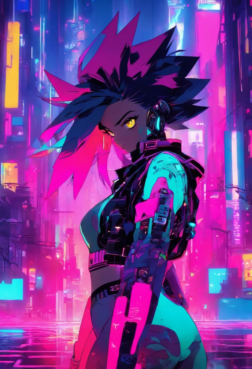 Cyberpunk model posing in a neon city, Zooglefloodle, synthwave art, futurism, Pop art, Digital painting, scribble art, amaranth, Cyan, Silver, black, neonlight, sleek, geomerty, tilted angle, Cinematic lighting, heavily stylized, Cyberpunk, Avant-garde perspective