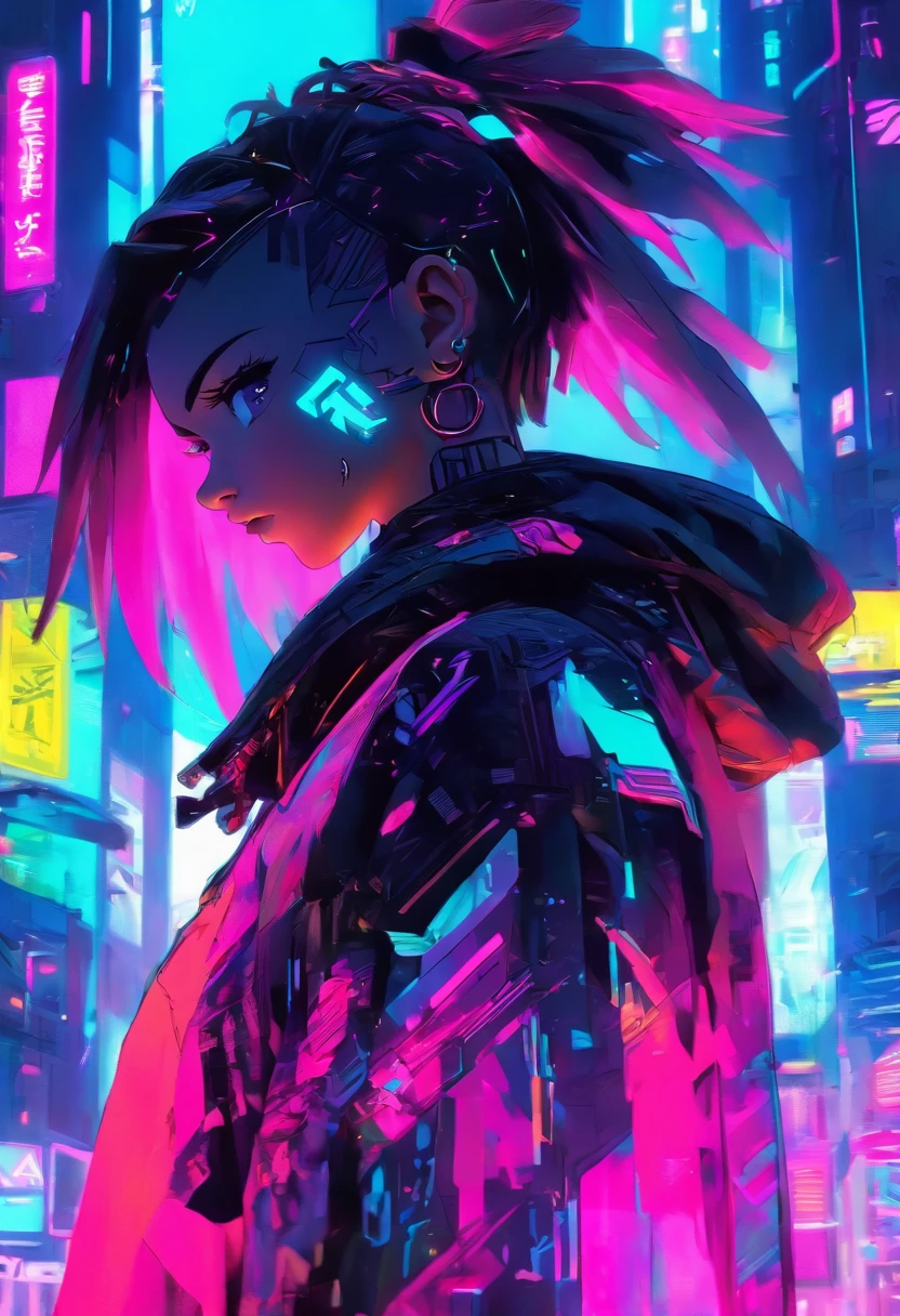 Cyberpunk model posing in a neon city, Zooglefloodle, synthwave art, futurism, Pop art, Digital painting, scribble art, amaranth, Cyan, Silver, black, neonlight, sleek, geomerty, tilted angle, Cinematic lighting, heavily stylized, Cyberpunk, Avant-garde perspective