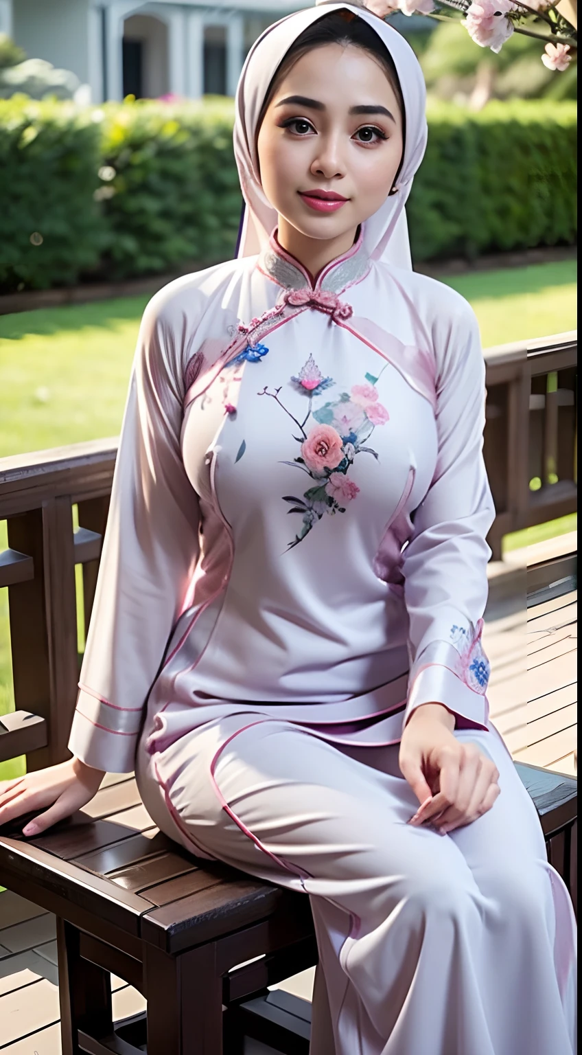 RAW, Best quality, high resolution, Masterpiece: 1.3), Beautiful Malay woman in hijab, Masterpiece, Perfect slim body, ((Big breasts)), Beautiful big eyes, watery eyes, big eyes, glossy lips, Soft smile,wearing (Ao Dai:1.5)、(rot),soft smiling、Black eyes,Exquisiteface、perfectly proportions、Drop-shaped chest、爆乳、Constriction、Navel、Crotch gap、Reinforced round buttocks、well-shaped neat buttocks、thighs thighs thighs thighs、Sexy Soft Pose、Curved shape、beautiful curves、Elegant and vivid Ao Dai、relax、Flowers blooming around、Complex pattern、Vibrant colors、Garden with colorful flowers、A paradise of natural beauty、A quiet、Gorgeous、 (Depth Fields:1.3), Beautiful flower garden in the background、(the background is blur),,