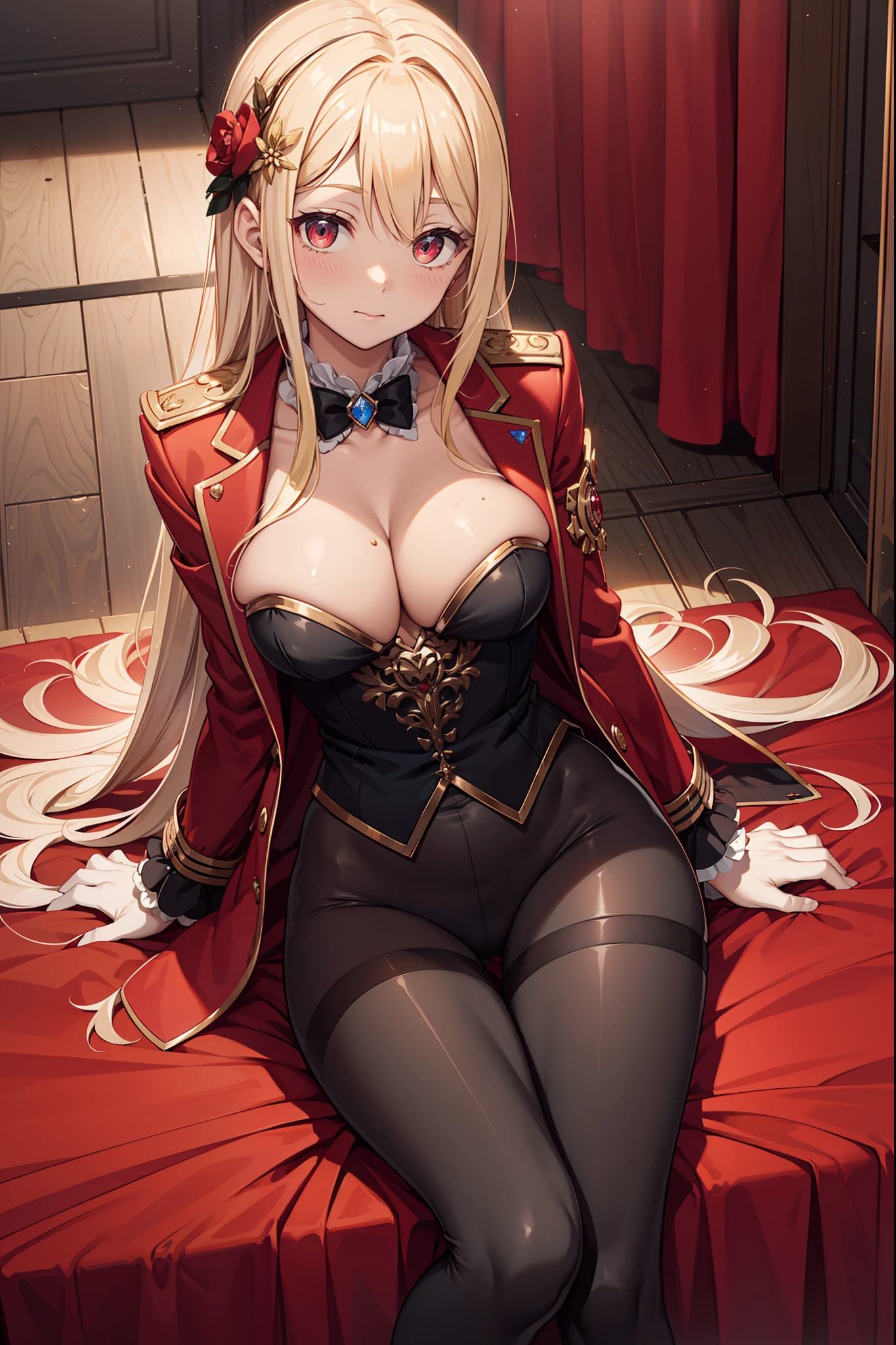 (Masterpiece, side-lighting, fine detailed beautiful eyes: 1.2), luscious skin,((Solo)),(Scarlet eyes),Hanging eye corners,(highdetailskin),(perfect bodies),A beautyful girl, breast,((A suit jacket uniform that covers the chest)),(Satin collar),(Short gloves are as short as half the palm of your hand),lacepantyhose,high-waist pants
