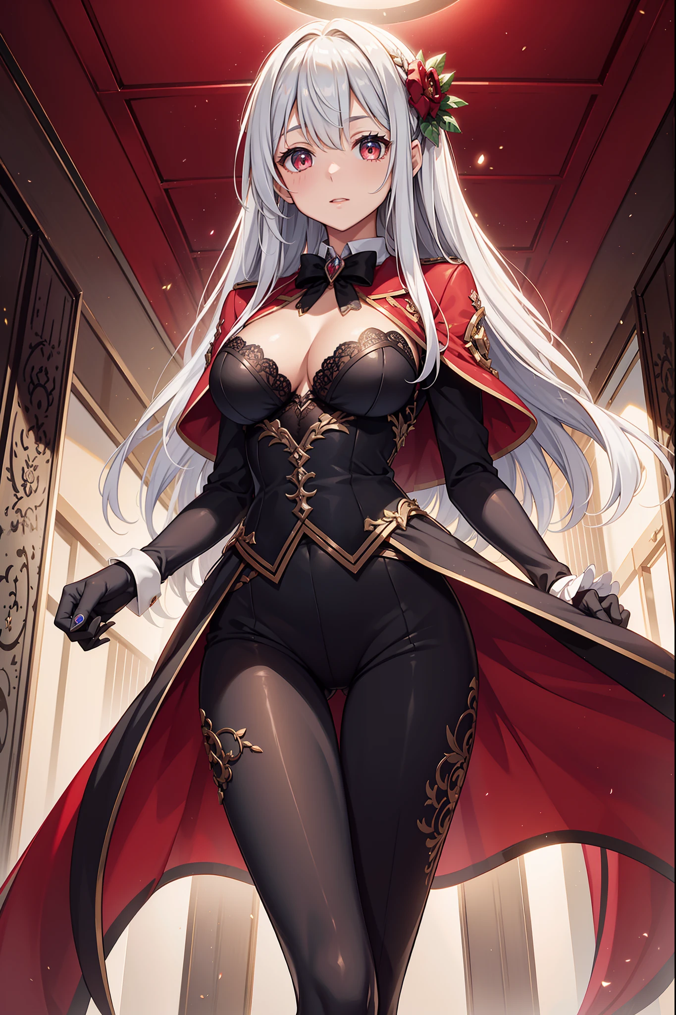 (Masterpiece, side-lighting, fine detailed beautiful eyes: 1.2), luscious skin,((Solo)),(Scarlet eyes),Hanging eye corners,(highdetailskin),(perfect bodies),A beautyful girl, breast,((A suit jacket uniform that covers the chest)),(Satin collar),(Short gloves are as short as half the palm of your hand),lacepantyhose,high-waist pants