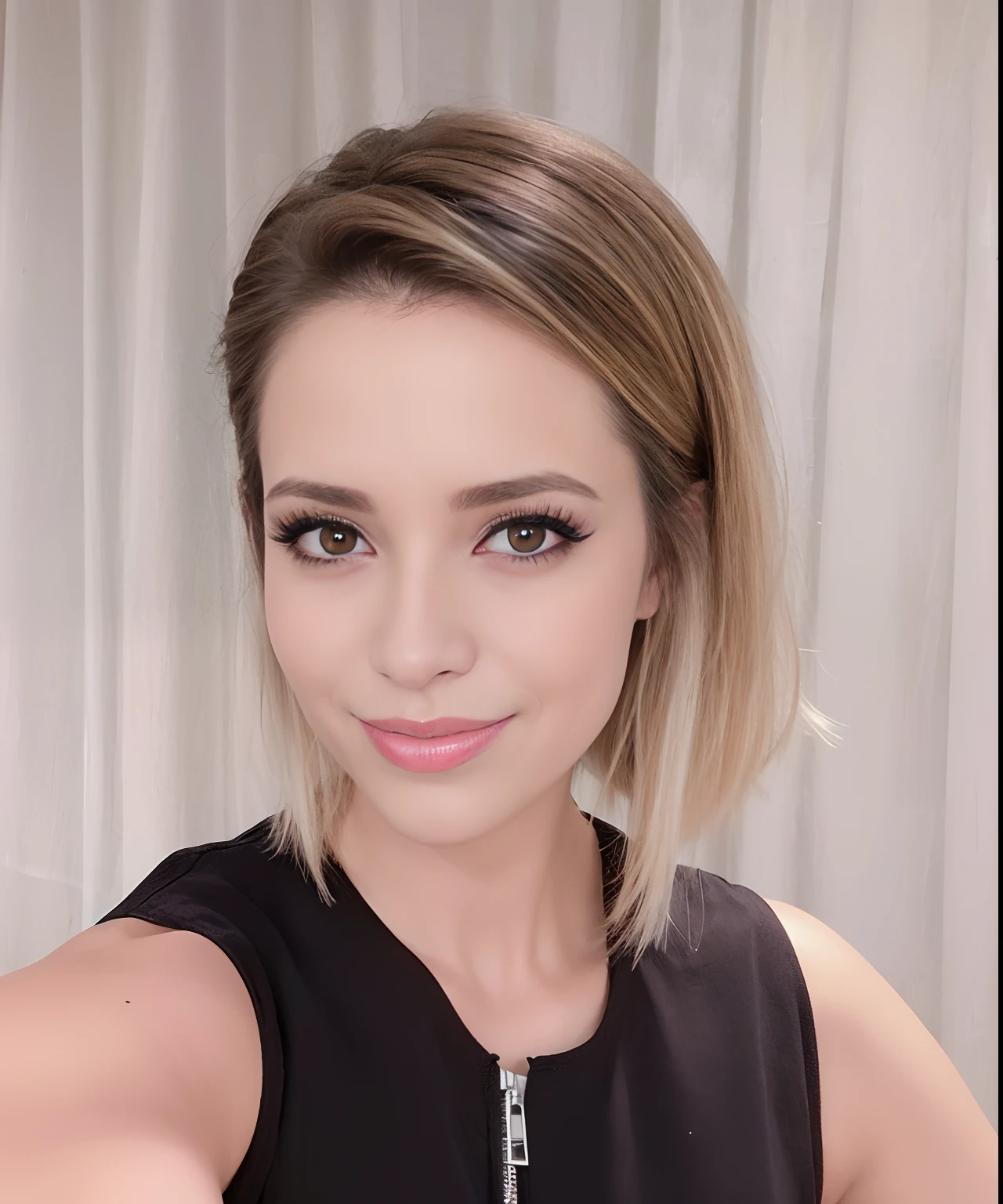 blond woman with short hair and black top taking a selfie, fernanda suarez, laure lipton, olivia de bernardinis, valentina remenar, by Nándor Katona, malika favre, short brown hair and large eyes, by Amelia Peláez, inspired by Antônio Parreiras, gui guimaraes