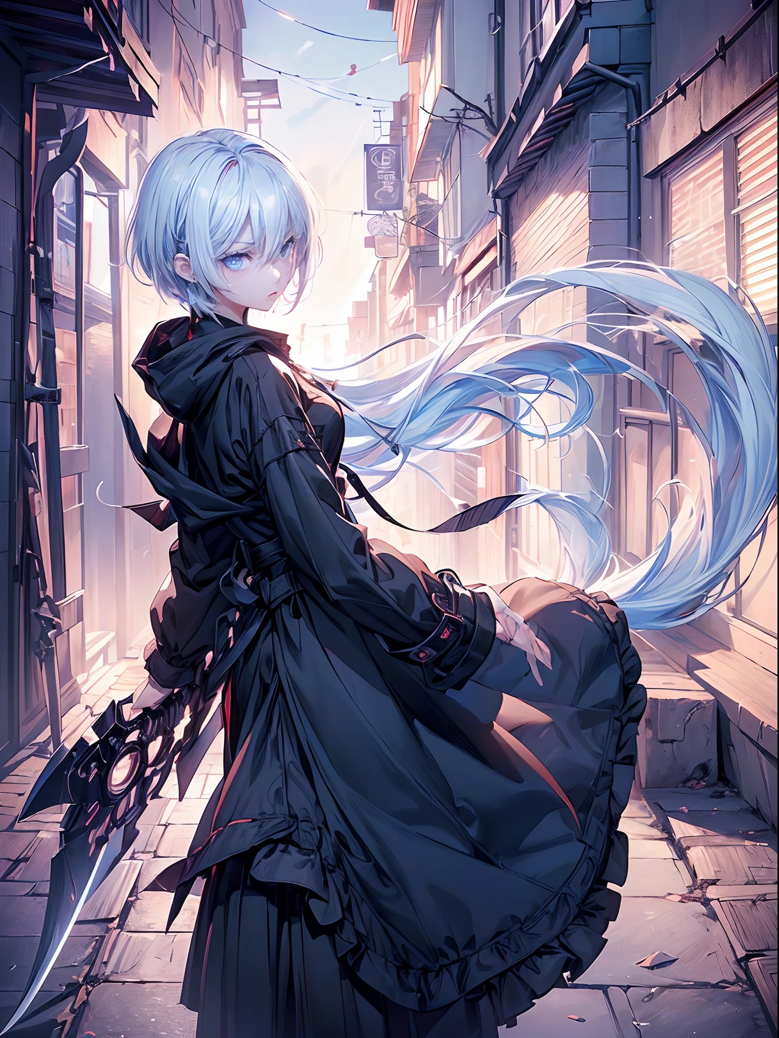 ((4K works))、masterpiece、(top-quality)、One Beautiful Girl And Evil Man、Slim body、tall、((Black Y-shirt and white pants、Charming street style))、Please wear one jacket、Wearing a hood to hide his face、(Detailed beautiful eyes)、Midnight Combat、In battle with demons、((Dark back alley at midnight))、saddened、suffocating、desolate、((Pitch-black tunnel))、((Face similar to Carly Rae Jepsen))、((Short-haired white hair))、((Smaller face))、((Neutral face))、((Bright blue eyes))、((American adult women))、((Adult female 26 years old))、((cool lady))、((Like a celebrity))、((Korean Makeup))、((elongated and sharp eyes))、((angry expressions))、((In battle with a sword))、((boyish))、Professional Photos、((Shot by two))、((He is in battle))、((He is in front of the viewer))、((Shot so that the back of the head and back are visible))、((shot from a side angle))、((He's looking forward.、I can't see my face))、((He is fighting in a distant place))、horor、Photos of sadness