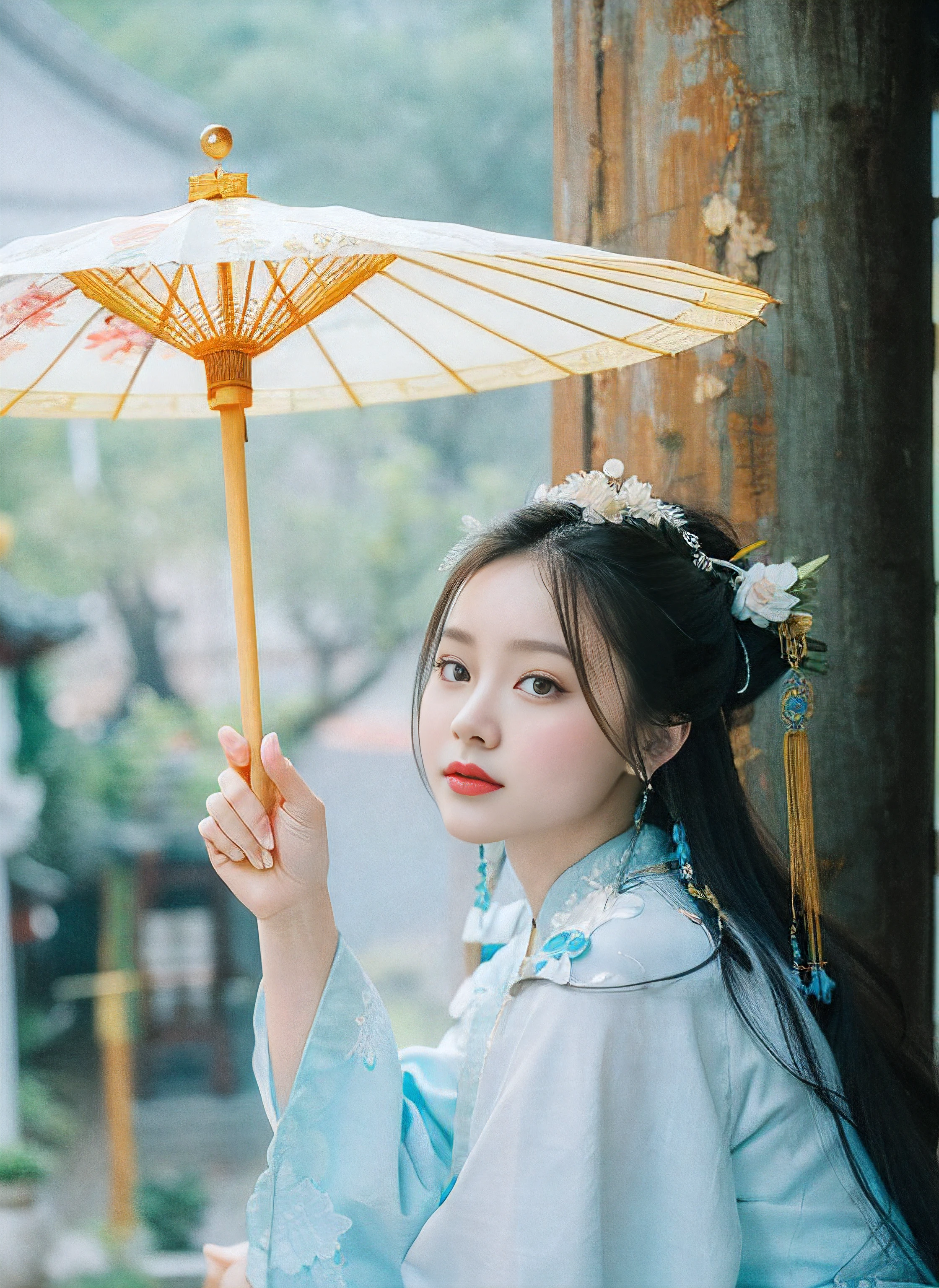An Asian woman in traditional dress holds an umbrella, Palace , A girl in Hanfu, Hanfu, Wearing ancient Chinese clothes, White Hanfu, Traditional Chinese clothing, Chinese girl, Chinese woman, Chinese traditional, with acient chinese clothes, Chinese style, China Princess, Chinese costume, Princesa chinesa antiga, A young Asian woman, Traditional beauty