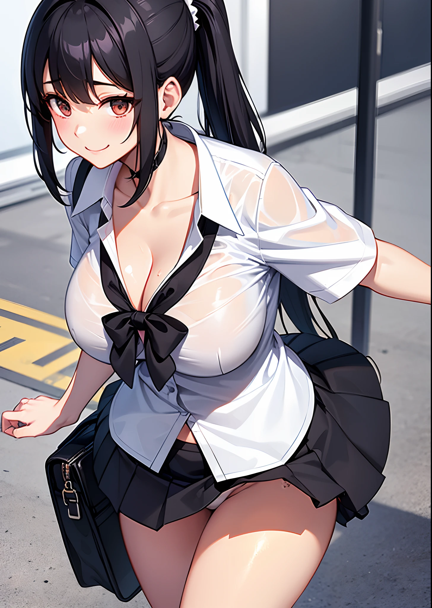 Big ******girl with black hair ponytail is walking down the station with a smile、tits out、huge tit、cleavage of the breast、teats、Torn white shirt、shortsleeves、pleatedskirt、White sexy panties、Black lace material、camel toe、Futomo