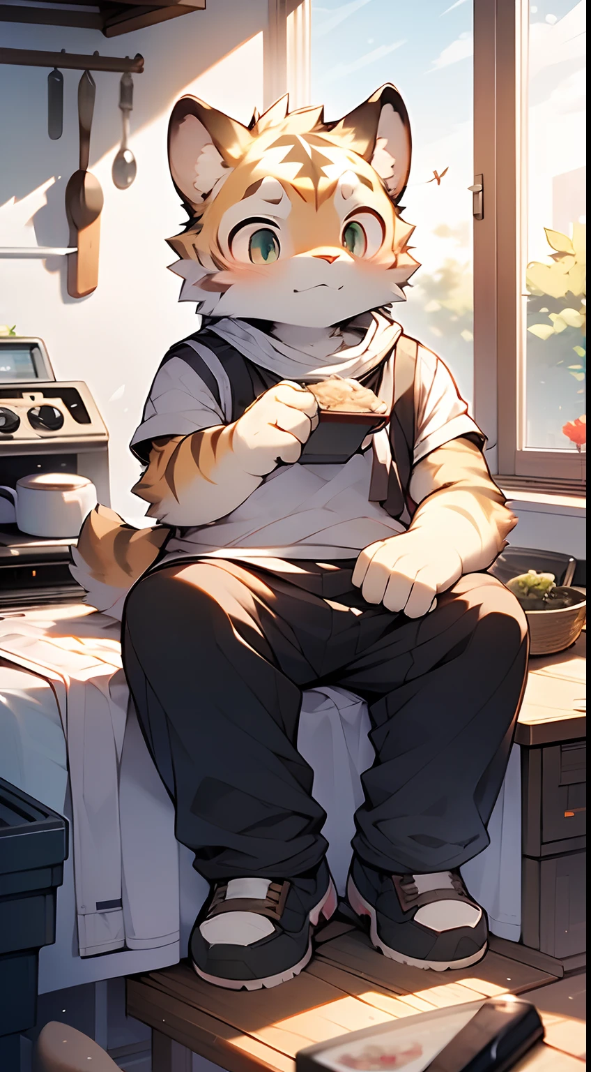 Masterpiece, Best quality, Perfect anatomy, author：K0bit0wani, author：Milk Tiger 1145, (author：Dekkers:0.3), Furry, coyote, tiny ears, Solo, Male, baggy pants, Tight white vest, Eau, Abs, Small raised, Slightly chubby figure, cooking in the kitchen, Detailed background, music sheets, Leaning back, Butterfly, Grass，Shota，Libido boy