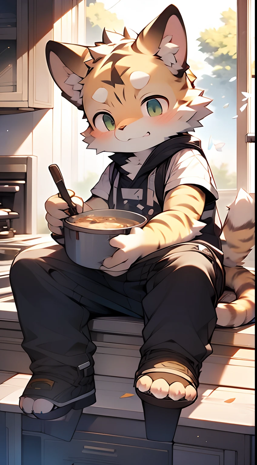 Masterpiece, Best quality, Perfect anatomy, author:K0bit0wani, author:Milk Tiger 1145, (author:Dekkers:0.3), Furry, coyote, tiny ears, Solo, Male, baggy pants, Tight white vest, Eau, Abs, Small raised, Slightly chubby figure, cooking in the kitchen, Detailed background, music sheets, Leaning back, Butterfly, Grass,Shota,Libido boy