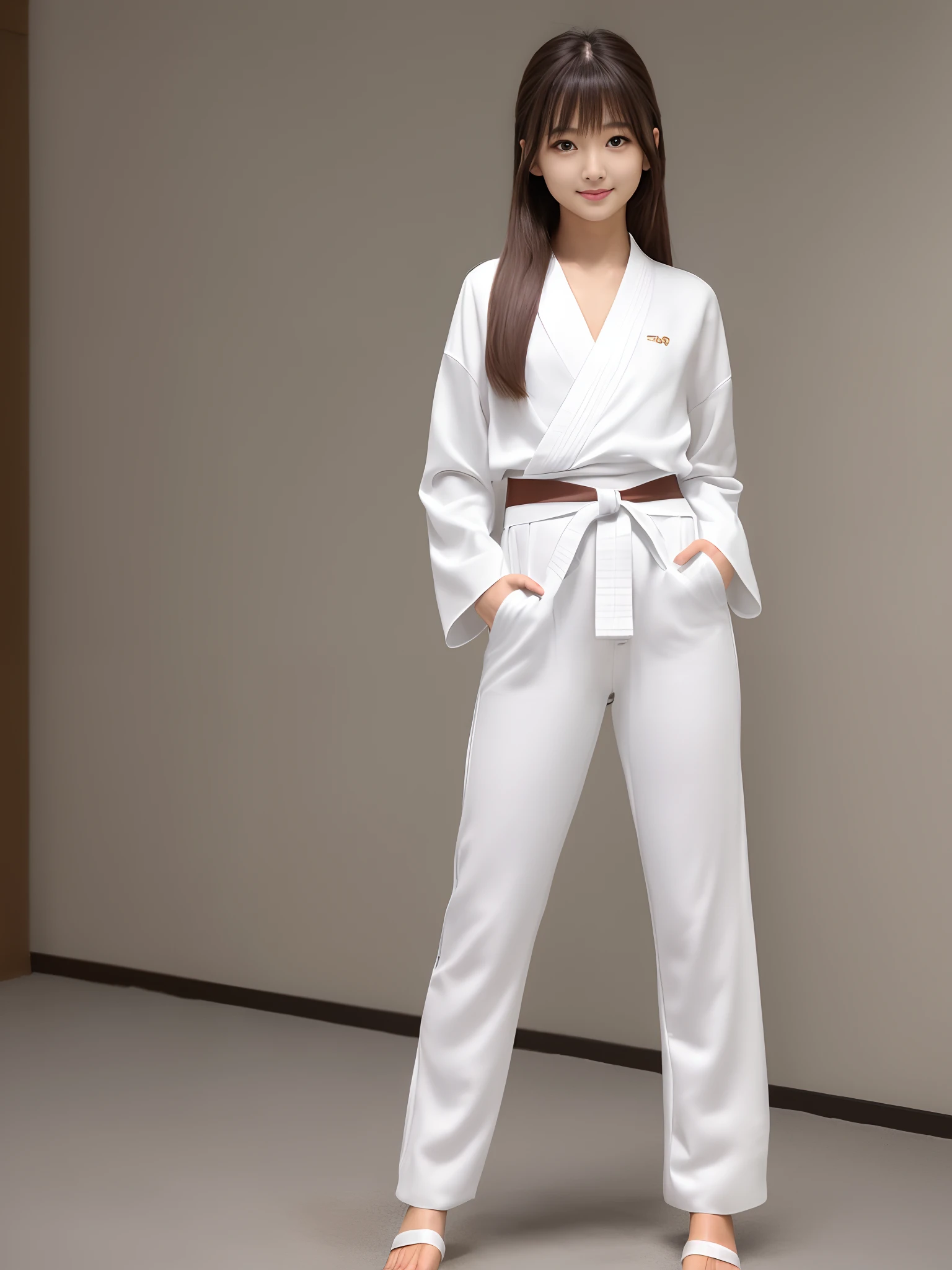 (Photorealsitic)(sixteen years old), Perfectly beautiful woman, (Full body 8K portrait), Bring your fist forward, Large and dynamic hand and foot movements, Correct skeleton, White Karate Uniform, White karate pants, Large bust,Stand alone, Perfect facial detail, (Smile: 1.15), attractive beautiful face, gazing at viewer, a small face, 二重まぶた, Beautiful detailed eyes, long eyeslashes, ligh brown hair, poneyTail, Toned waist, Beautiful thin legs, toned ankles, bare-legged ,TOKYOcty