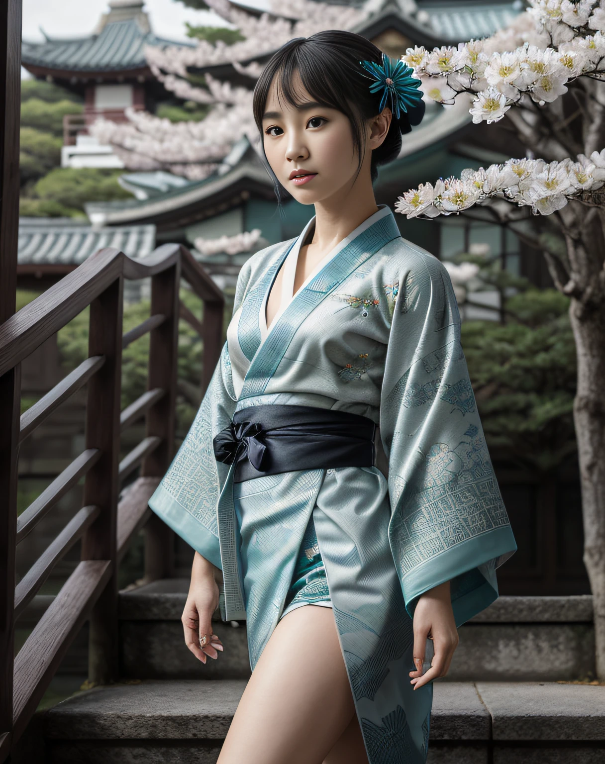 1girl, solo, from above, (white lily flowers), aesthetic, intricate, best quality, detailed background, Sayaka Miki, ((girl wearing a patterned teal kimono:1.2)), (walking in zen garden), casual pose, detailed textures, posing, floral print, hair flower, hair ornament, japanese clothes, kimono, obi, outdoors, pagoda, petals, (teal kimono), sash, shrine, sky, stone stairs, torii, wide sleeves, cleavage, sexy body, showing boobs, yukata