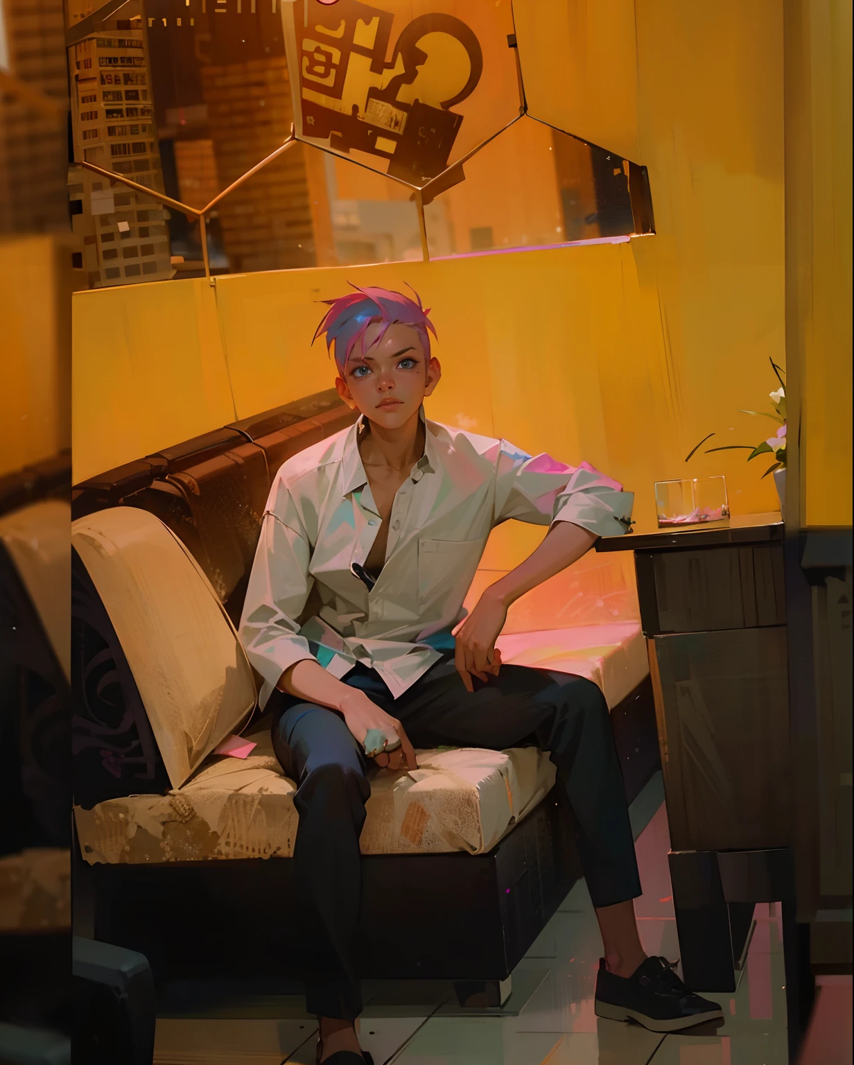 cyberpunk:1,6, blue eyes, pink hair, nightcore, masterpiece, dynamic light, night:, high quality, boy, katana