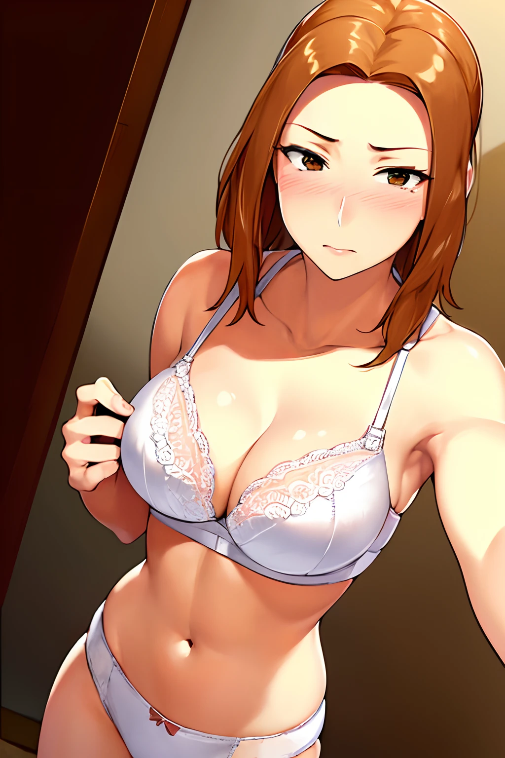 (masterpiece:1.1)、(top-quality:1.1)、full body Esbian、shorth hair、Good anatomy、(1girl in:1.2)、(detailed faces and eyes:1.25)、orange color hair、brown haired、Brown-eyed、Bedroom background、looking at the viewers、a matural female、side locks、Kyoka Tachibana、(Sexy white bra:1.3), (Sexy white panties:1.3)、is standing、(A look of bewilderment:1.3)、red blush、Bare arms、bare elbows、(Selfie:1.5),