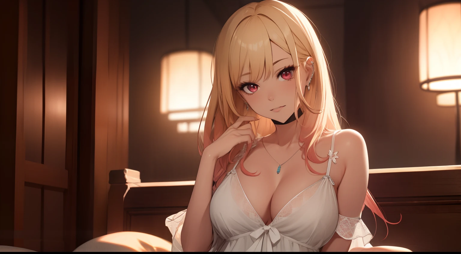 masutepiece, 1womanl, (((Solo))), of the highest quality, Hi-Res, 4K, cleavage, ((Sheer nightgown)), medium breasts, Red Eyes, a blond , Full body, earrings
