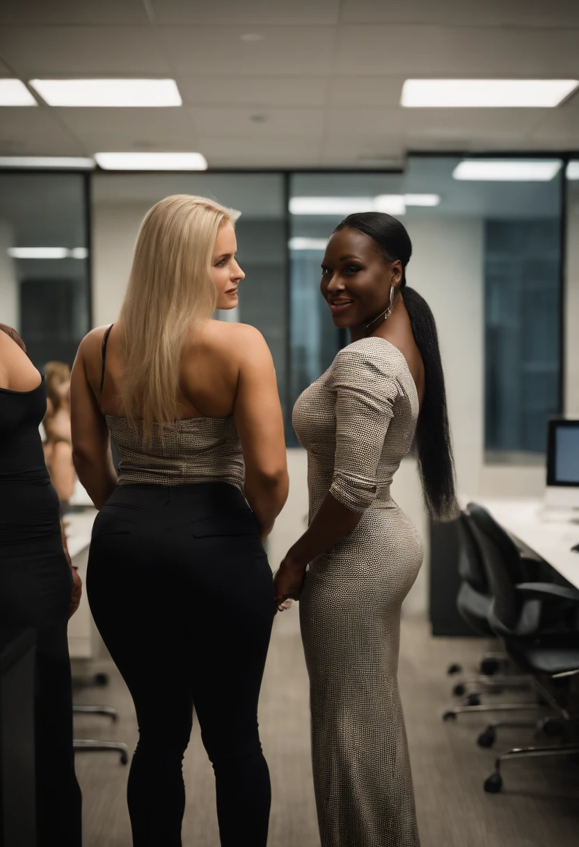 A hot blonde Milf shows off her sexy ass to some black butch lesbians at the office, (big ass), realistic, sexy, nsfw, flirtatious