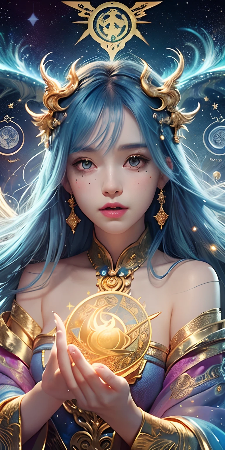 girl, blue hair, long bangs, phoenix eyes, crescent lips, lip moisturizer, multiverse, fractal art, floating in space, chinese dragon, golden dragon, claws, fangs, animal eyes, whirling, astrolabe, milky translucent, glitter, ethereal, pastel colors, prisms, official art, incomparable style women, (zentangle, mandala, tangled, entangled) , Sacred Light, Gold Leaf, Gold Foil Art, Glitter Map, Perfect NwsjjMajic